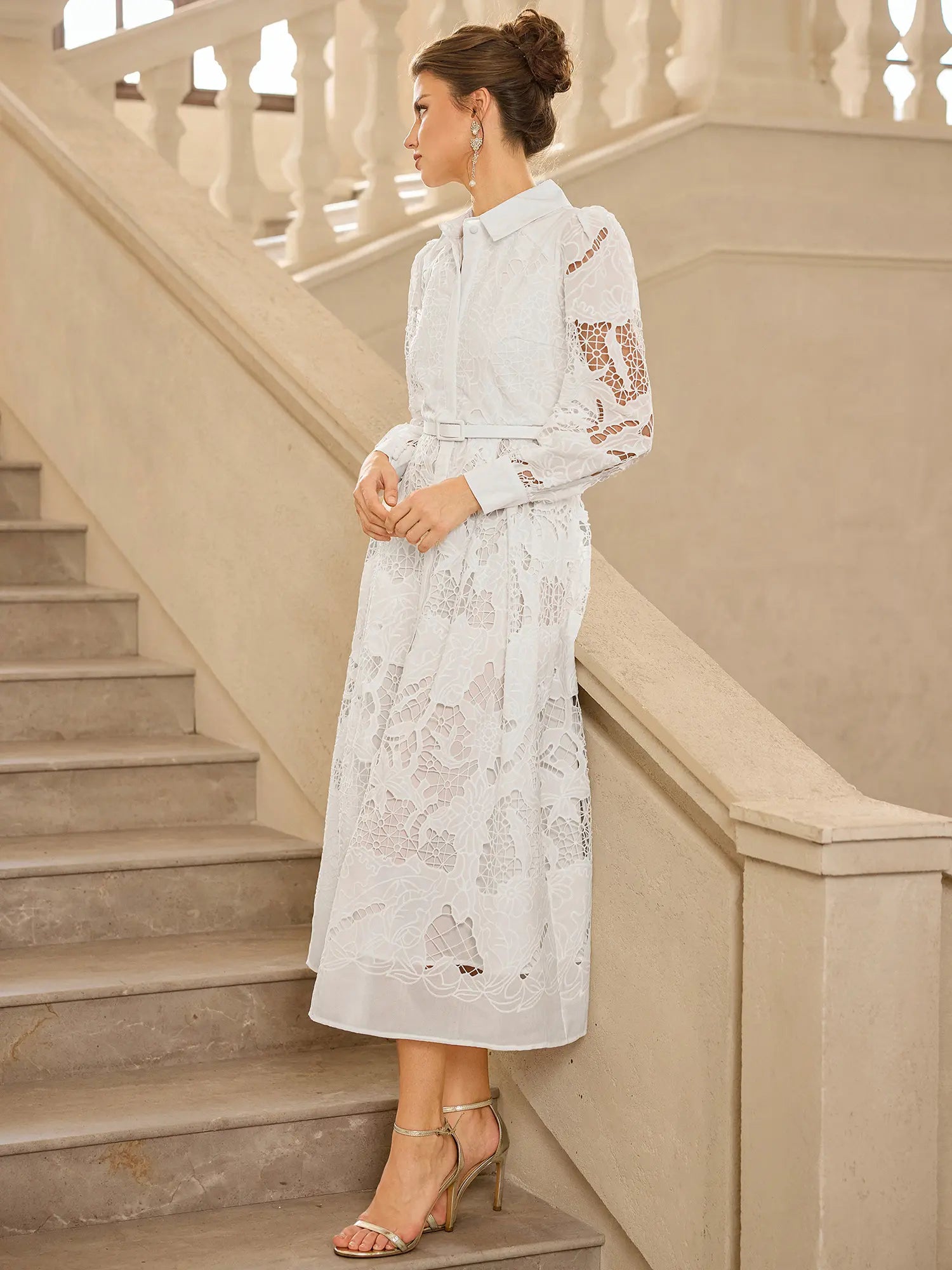 Hollow Lace Long Sleeve Midi Dress|NOOSGOP