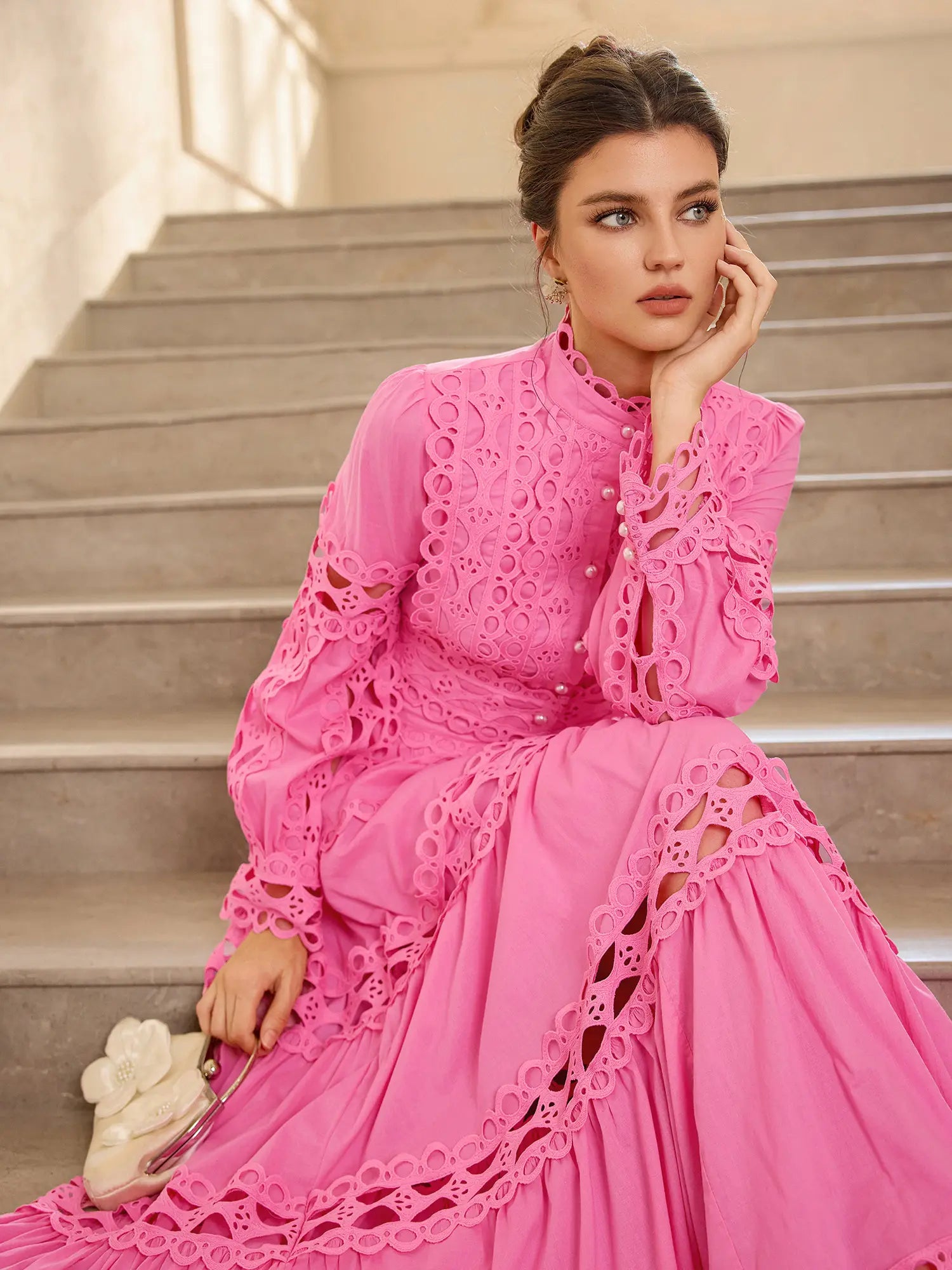 Hollow Out Patchwork Round Neck Midi Dress|NOOSGOP