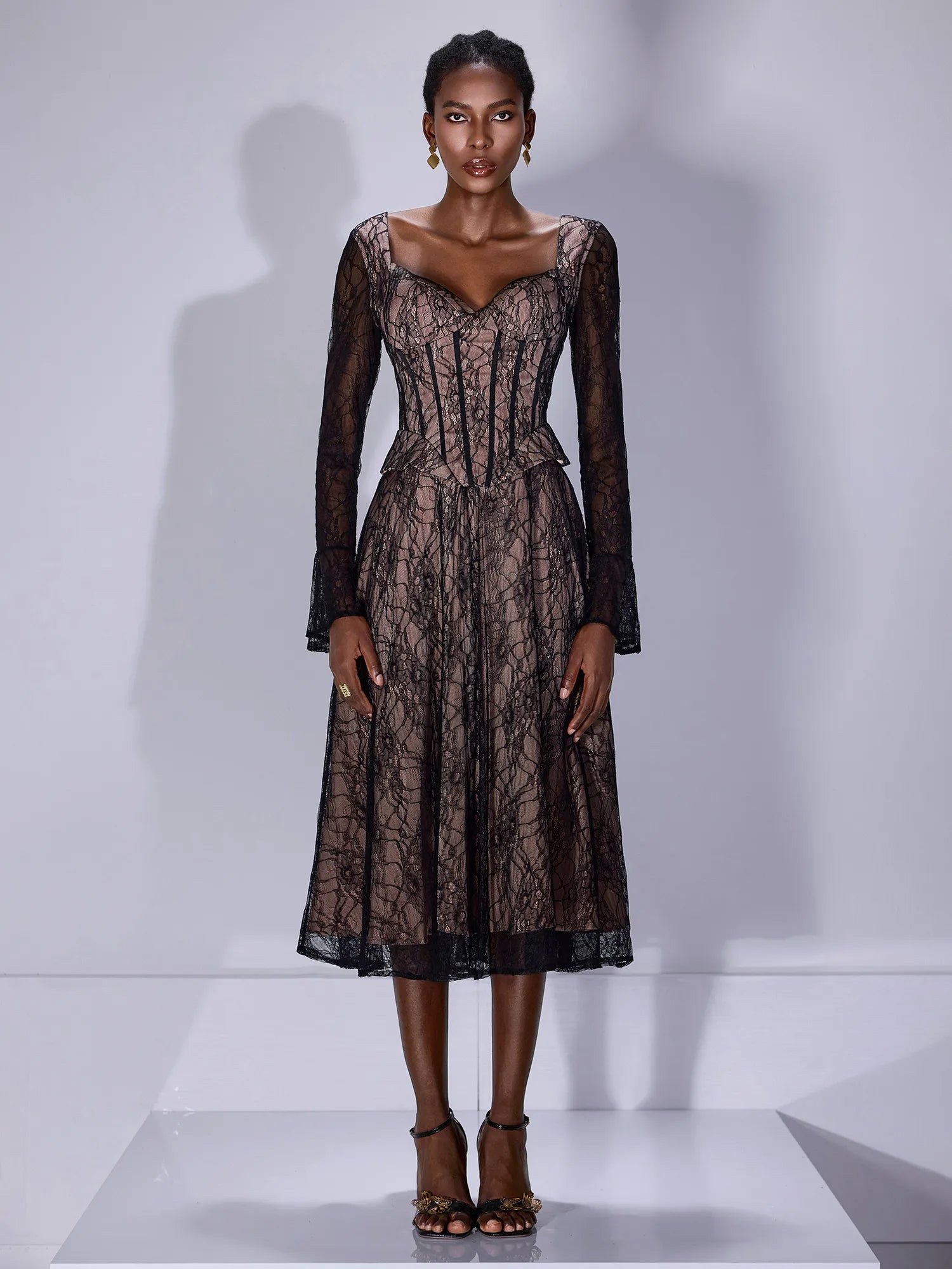 Lace Low Cut Ruffle Midi Dress|NOOSGOP