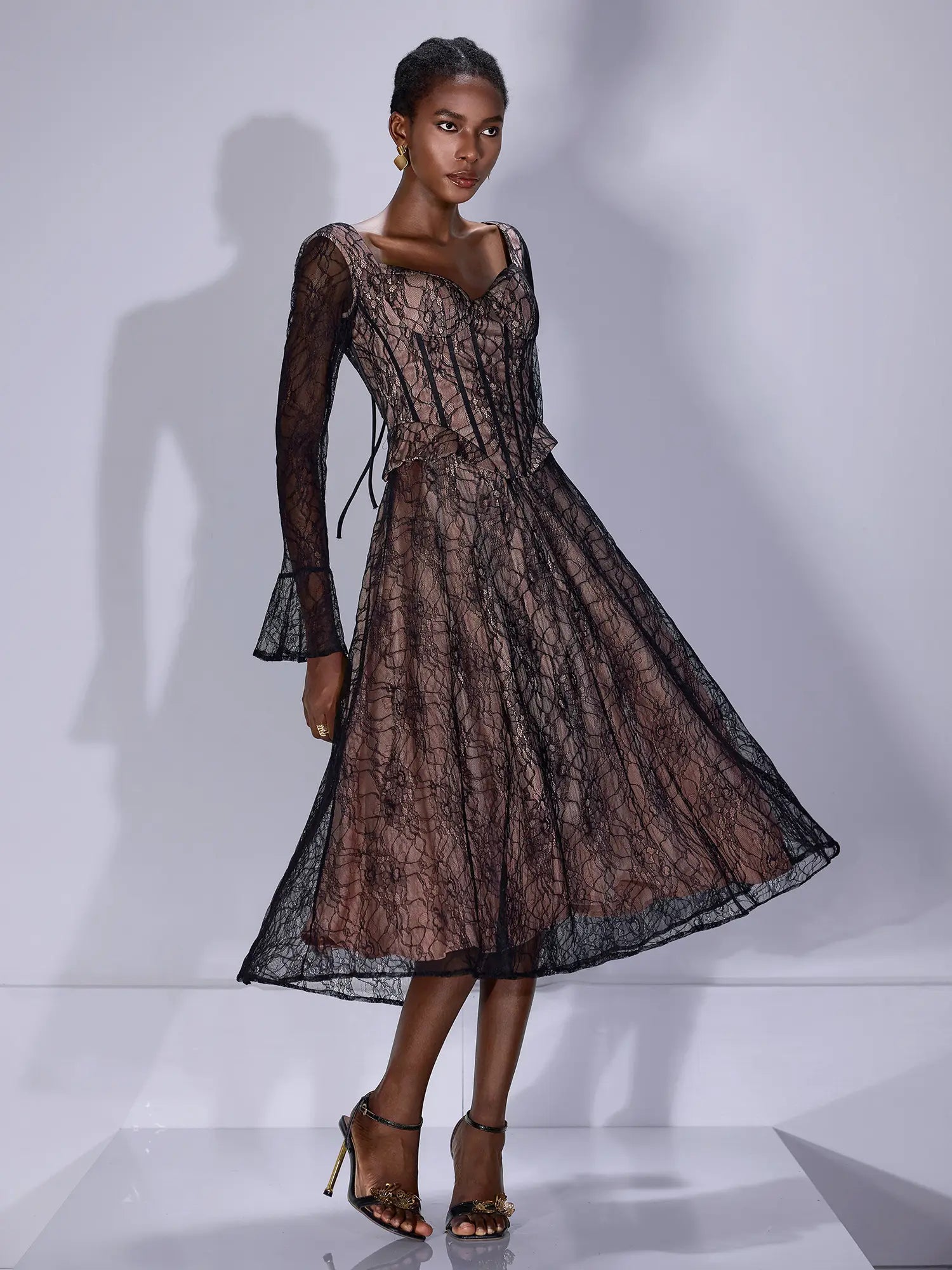 Lace Low Cut Ruffle Midi Dress|NOOSGOP