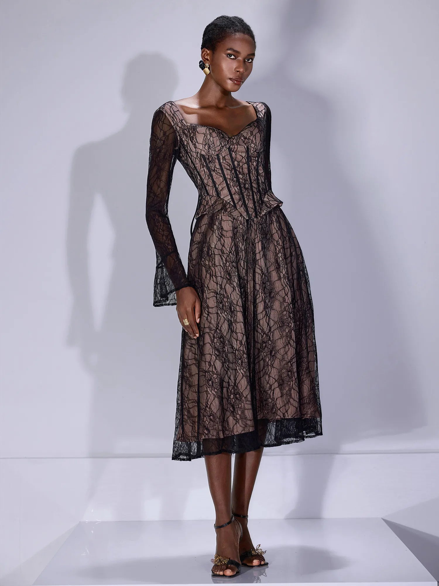 Lace Low Cut Ruffle Midi Dress|NOOSGOP