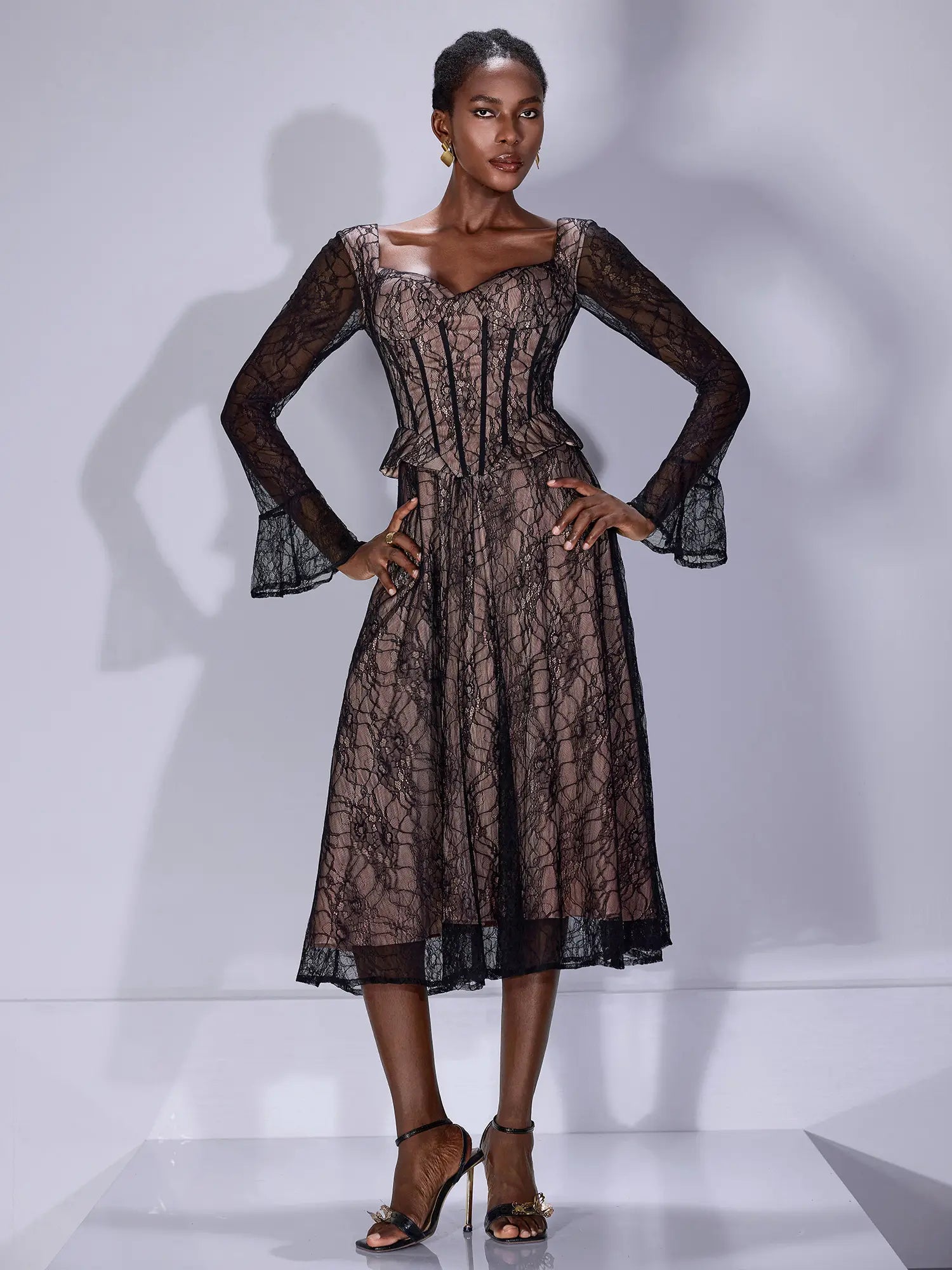 Lace Low Cut Ruffle Midi Dress|NOOSGOP