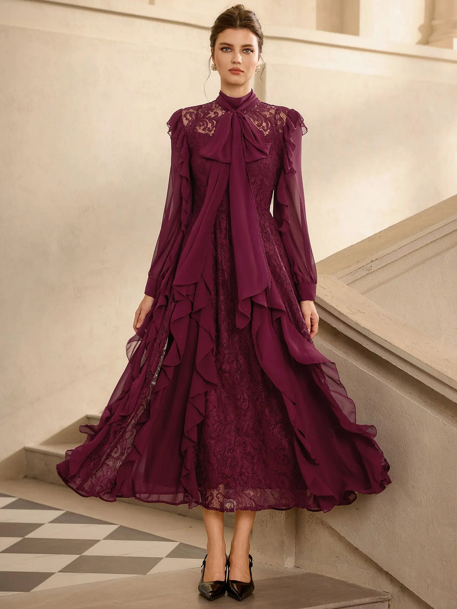 Lace Mesh Ruched Detail Midi Dress|NOOSGOP