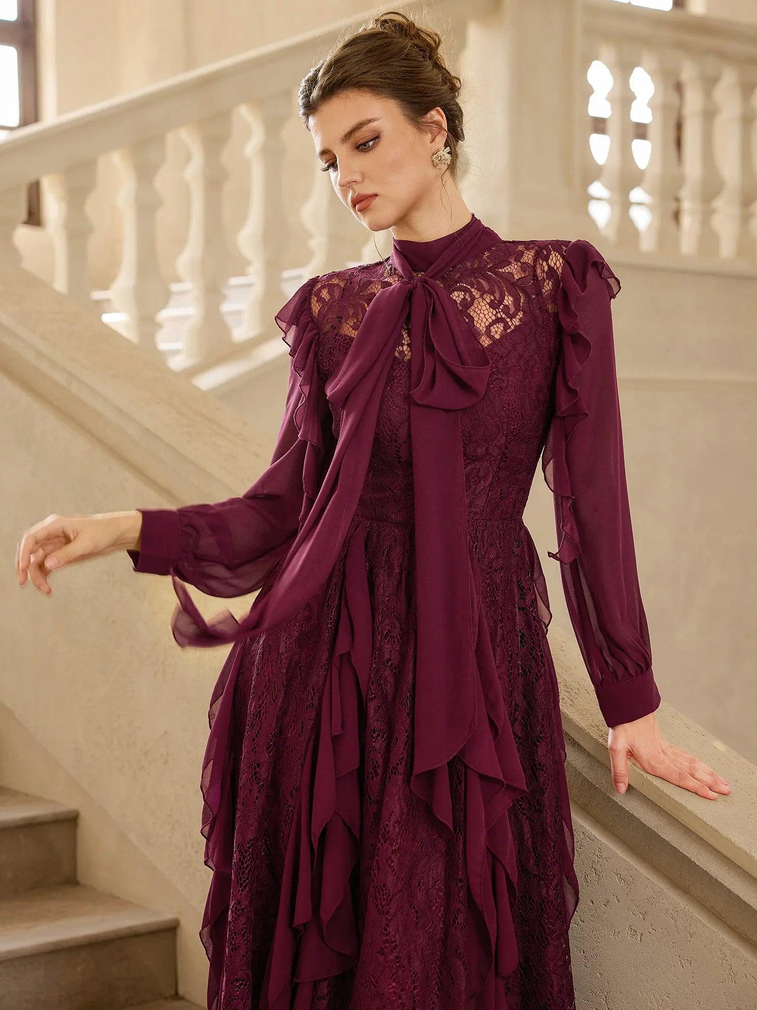 Lace Mesh Ruched Detail Midi Dress|NOOSGOP