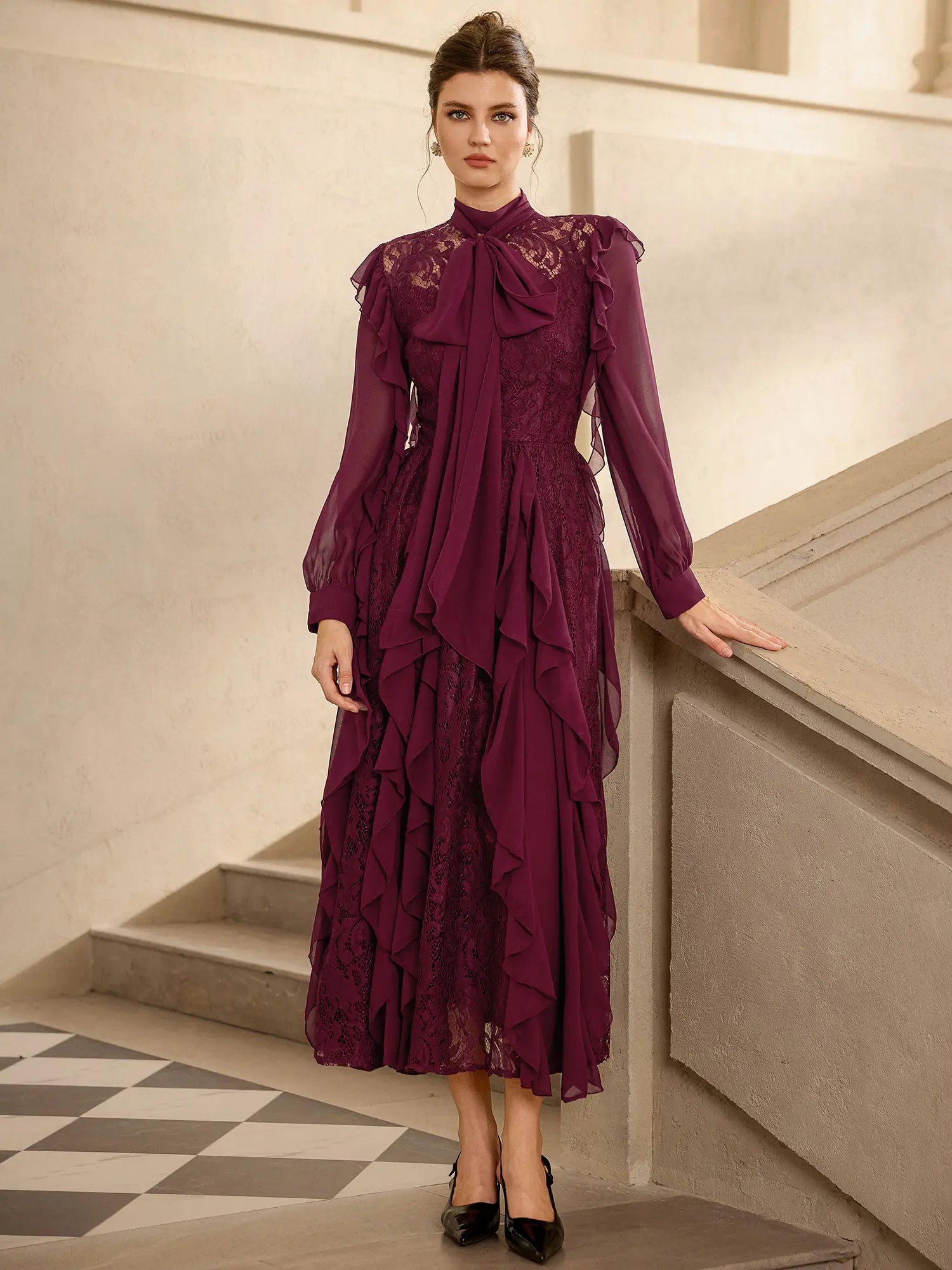 Lace Mesh Ruched Detail Midi Dress|NOOSGOP