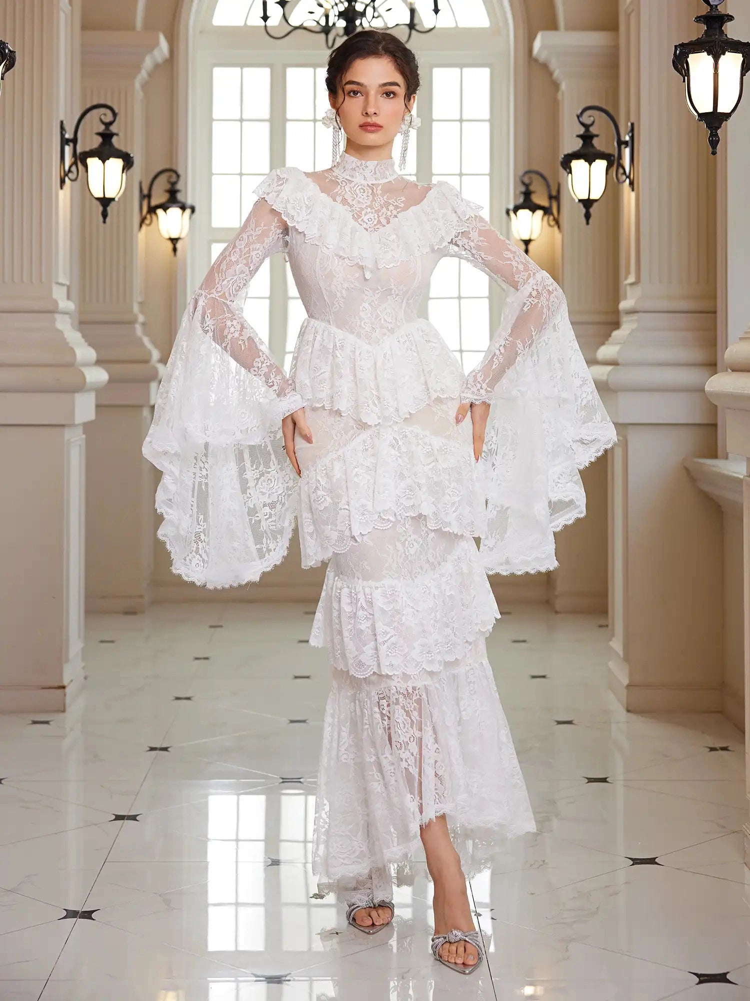 Mandarin-Collar Embroidered Peplum Midi Dress|NOOSGOP