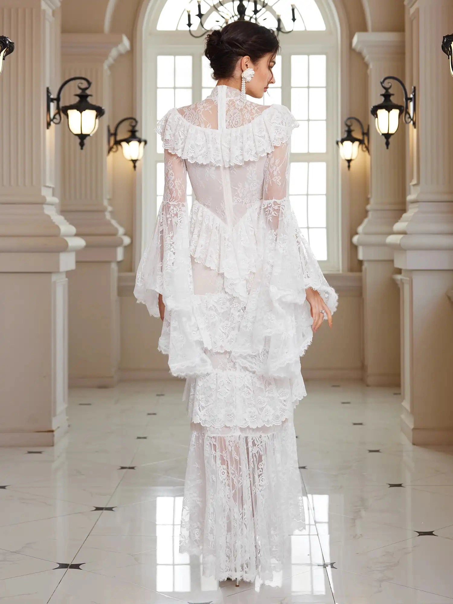 Mandarin-Collar Embroidered Peplum Midi Dress|NOOSGOP