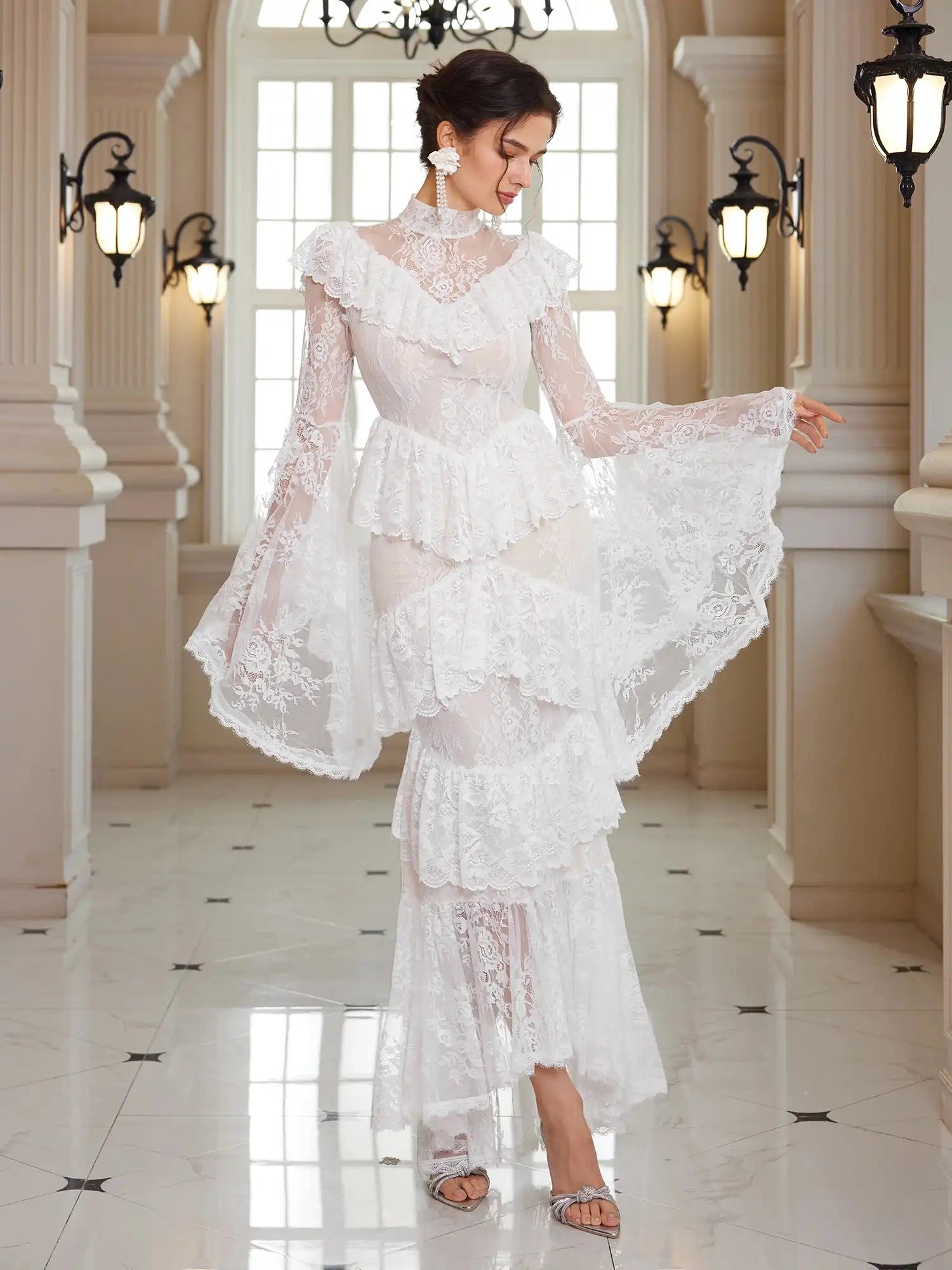 Mandarin-Collar Embroidered Peplum Midi Dress|NOOSGOP