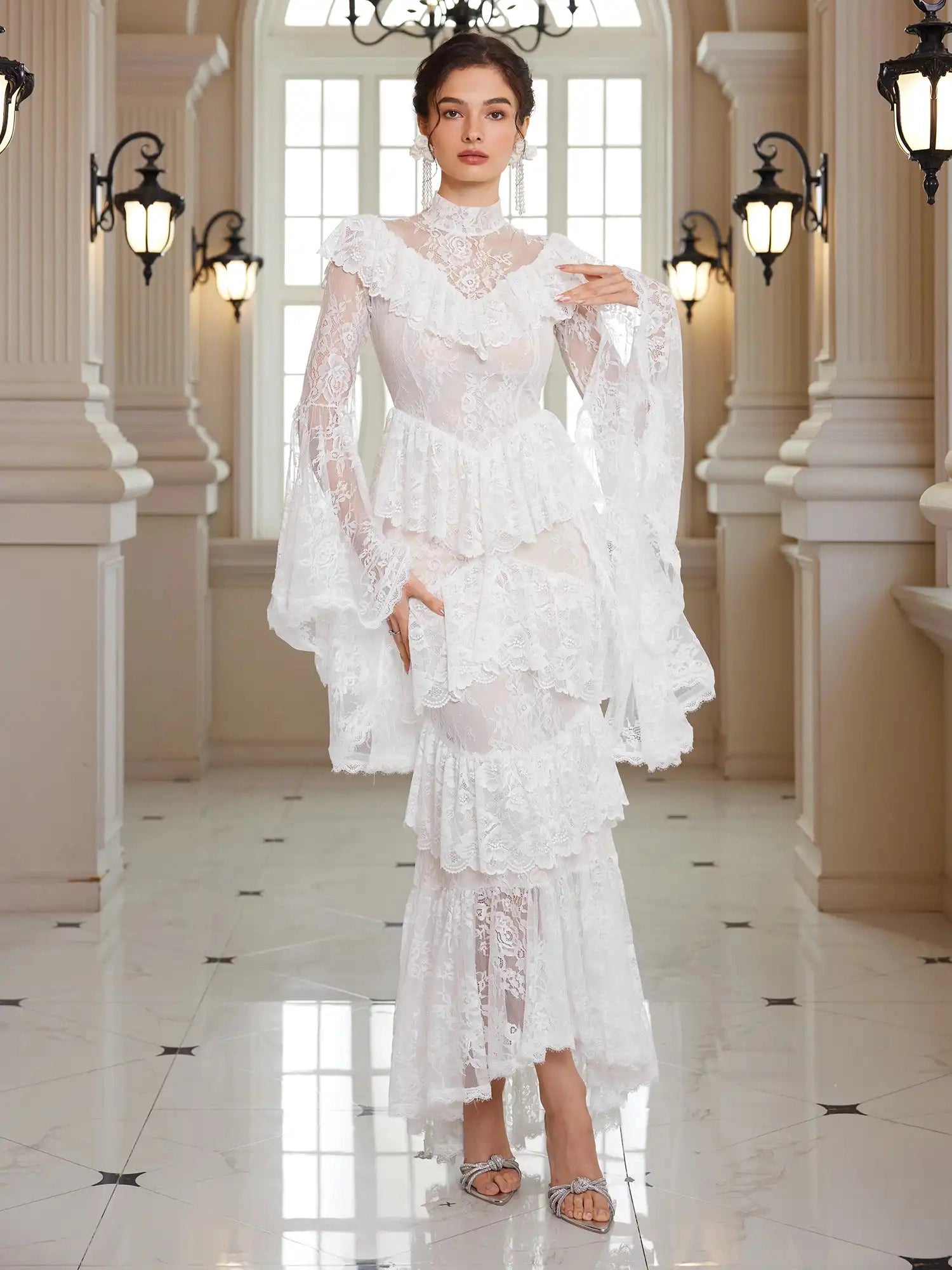 Mandarin-Collar Embroidered Peplum Midi Dress|NOOSGOP