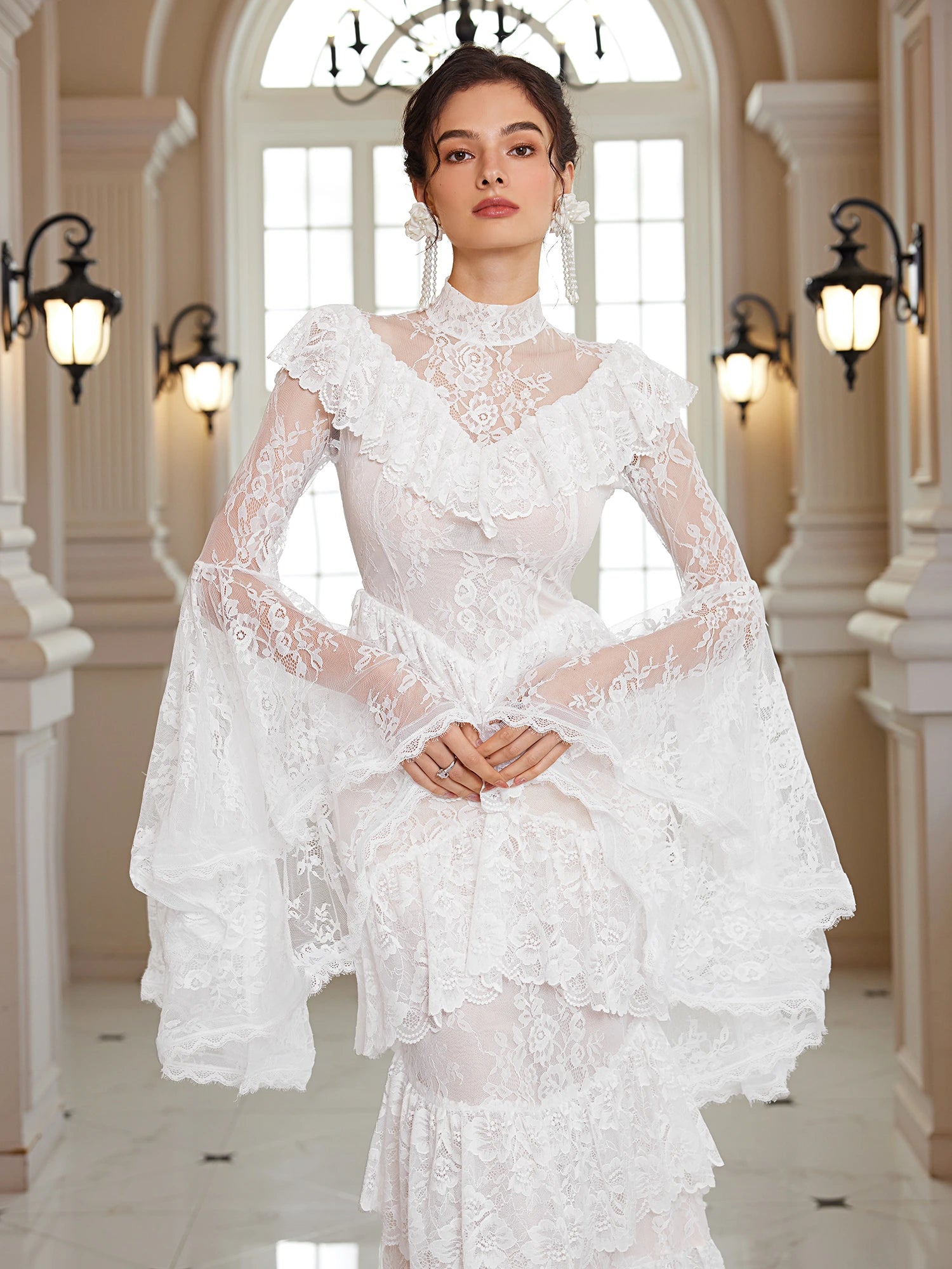 Mandarin-Collar Embroidered Peplum Midi Dress|NOOSGOP