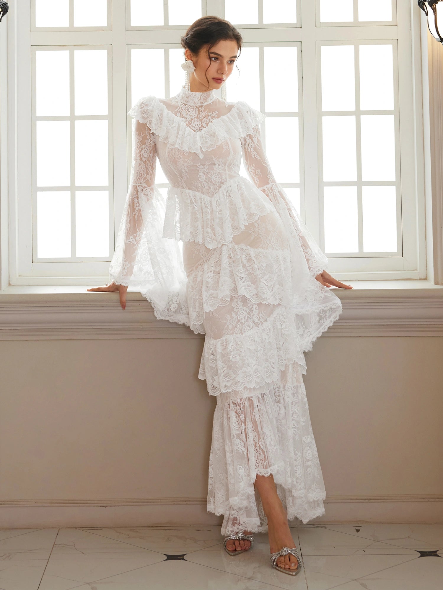 Mandarin-Collar Embroidered Peplum Midi Dress|NOOSGOP