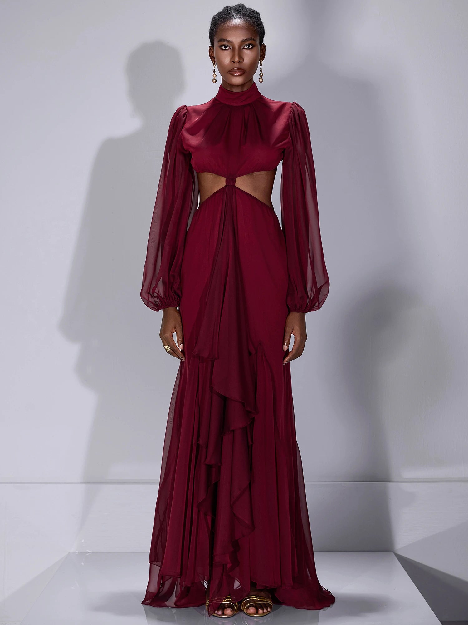 Mesh Cut-Out Waist High-Neck Maxi Dress|NOOSGOP