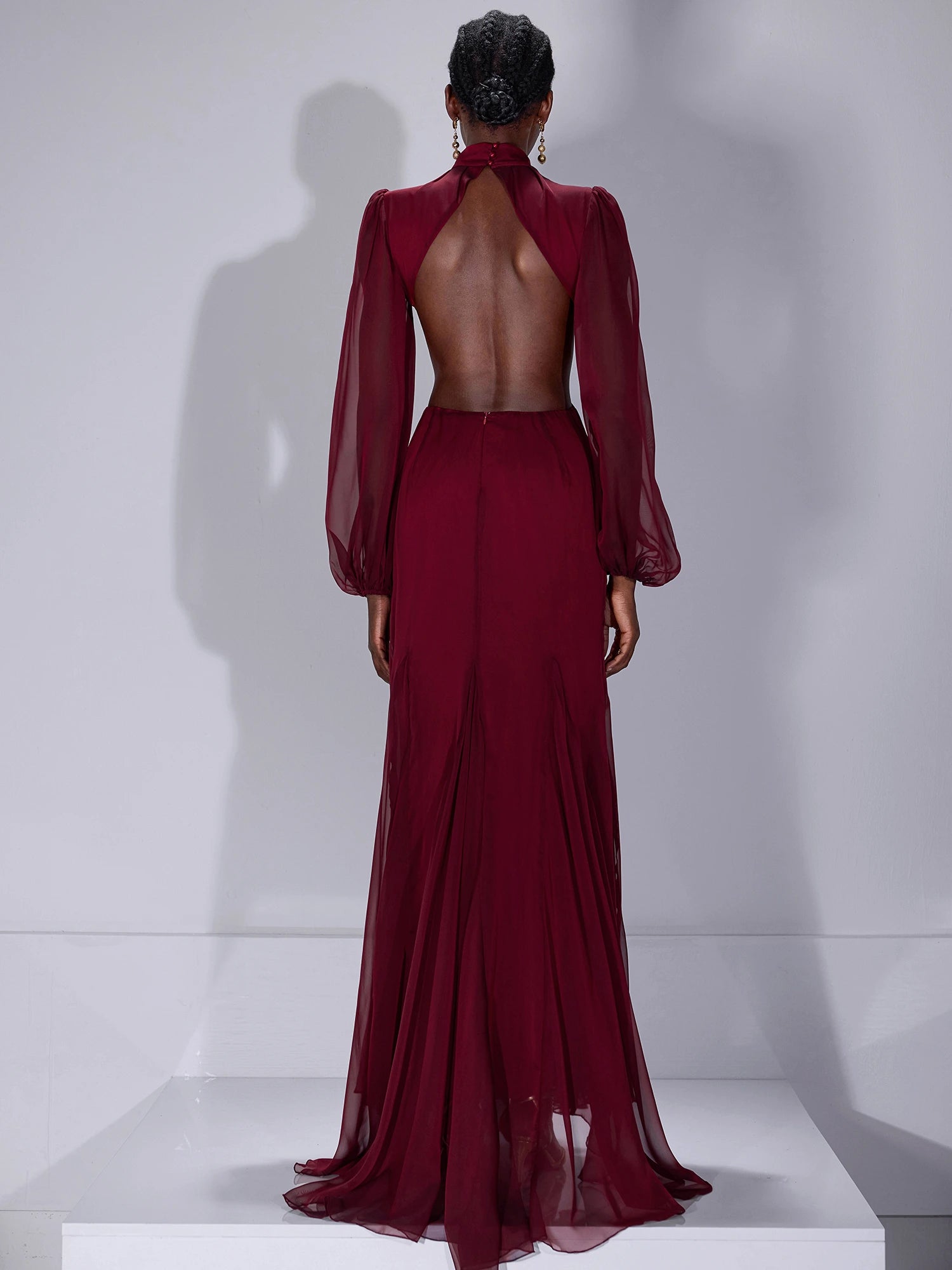 Mesh Cut-Out Waist High-Neck Maxi Dress|NOOSGOP