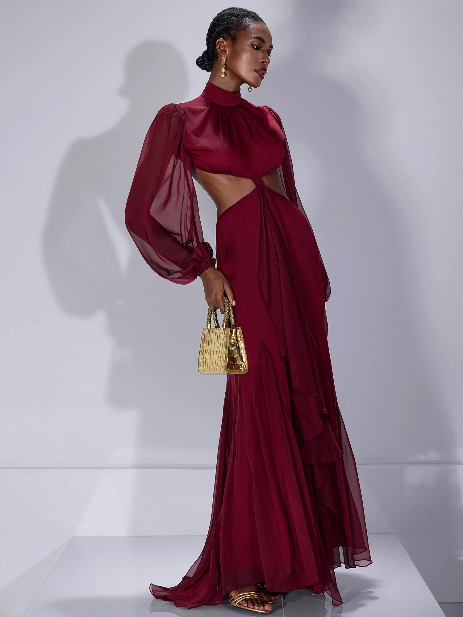 Mesh Cut-Out Waist High-Neck Maxi Dress|NOOSGOP