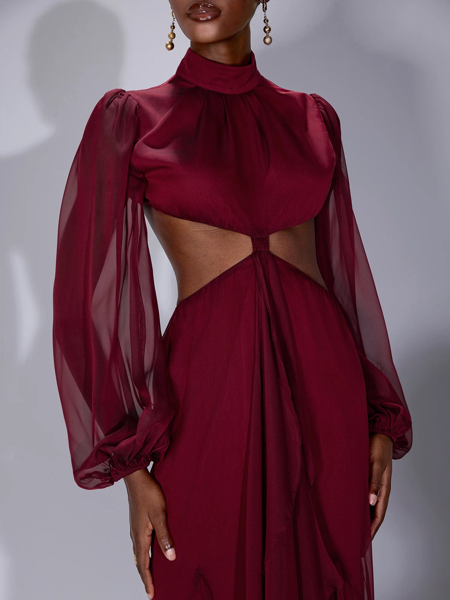 Mesh Cut-Out Waist High-Neck Maxi Dress|NOOSGOP