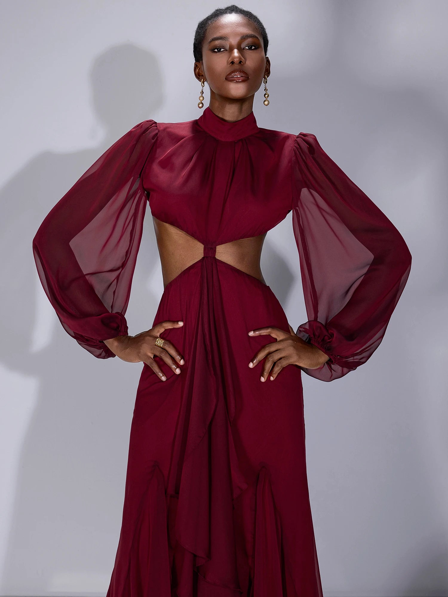 Mesh Cut-Out Waist High-Neck Maxi Dress|NOOSGOP