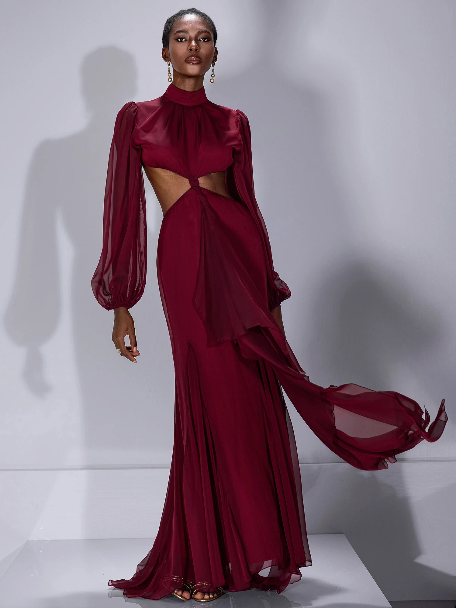 Mesh Cut-Out Waist High-Neck Maxi Dress|NOOSGOP