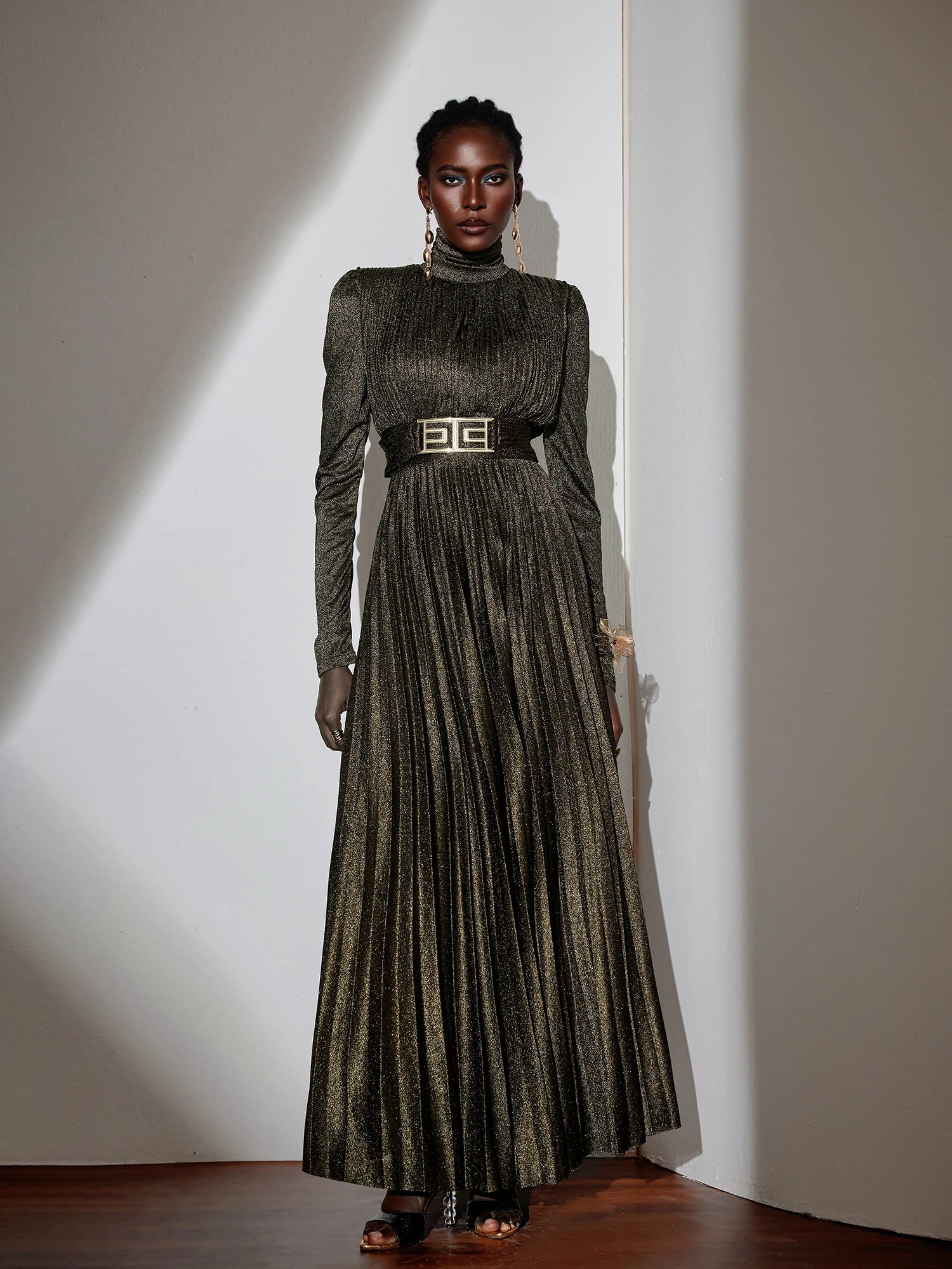Metallic Pleated High-Neck Maxi Dress|NOOSGOP