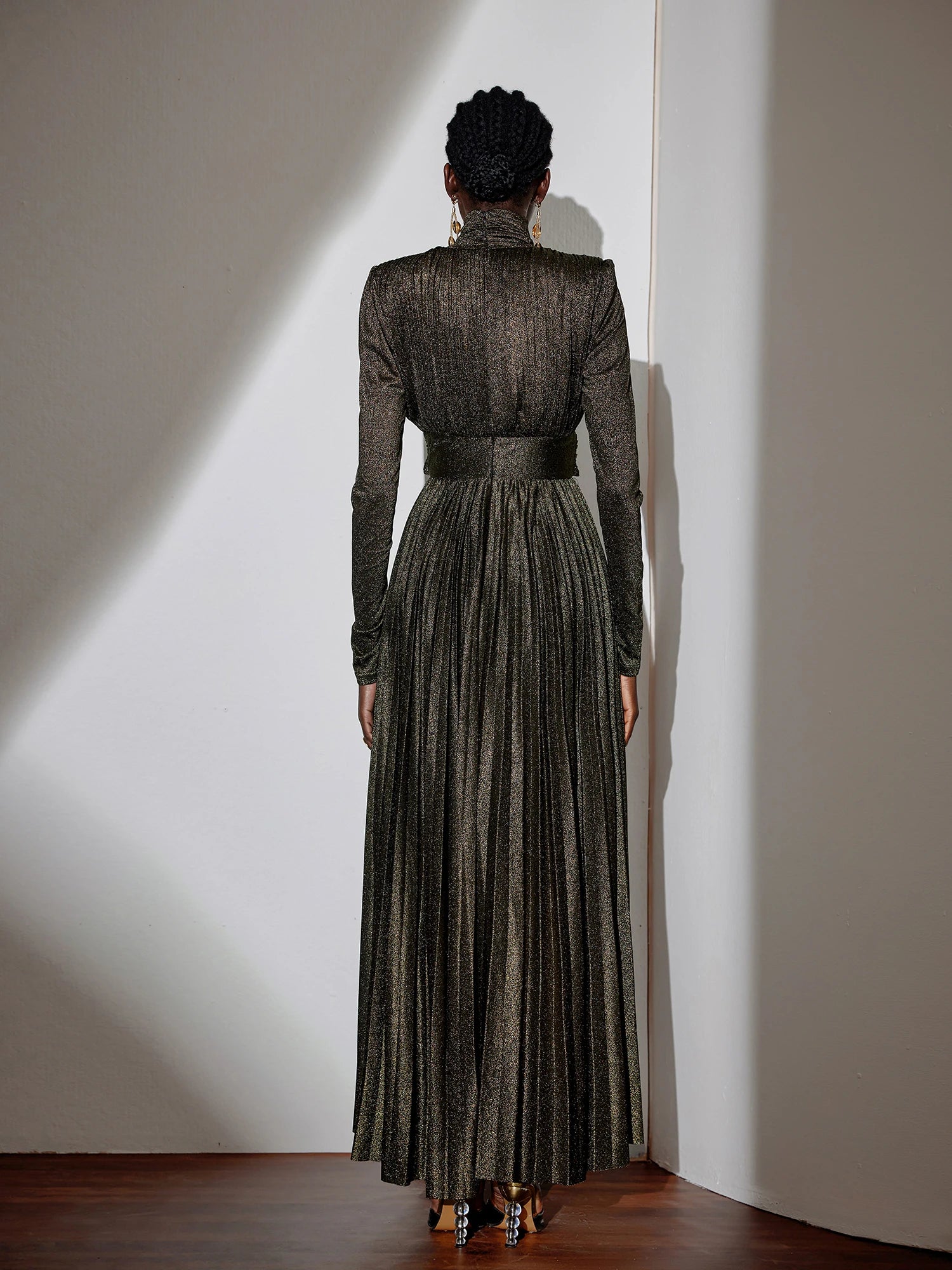 Metallic Pleated High-Neck Maxi Dress|NOOSGOP