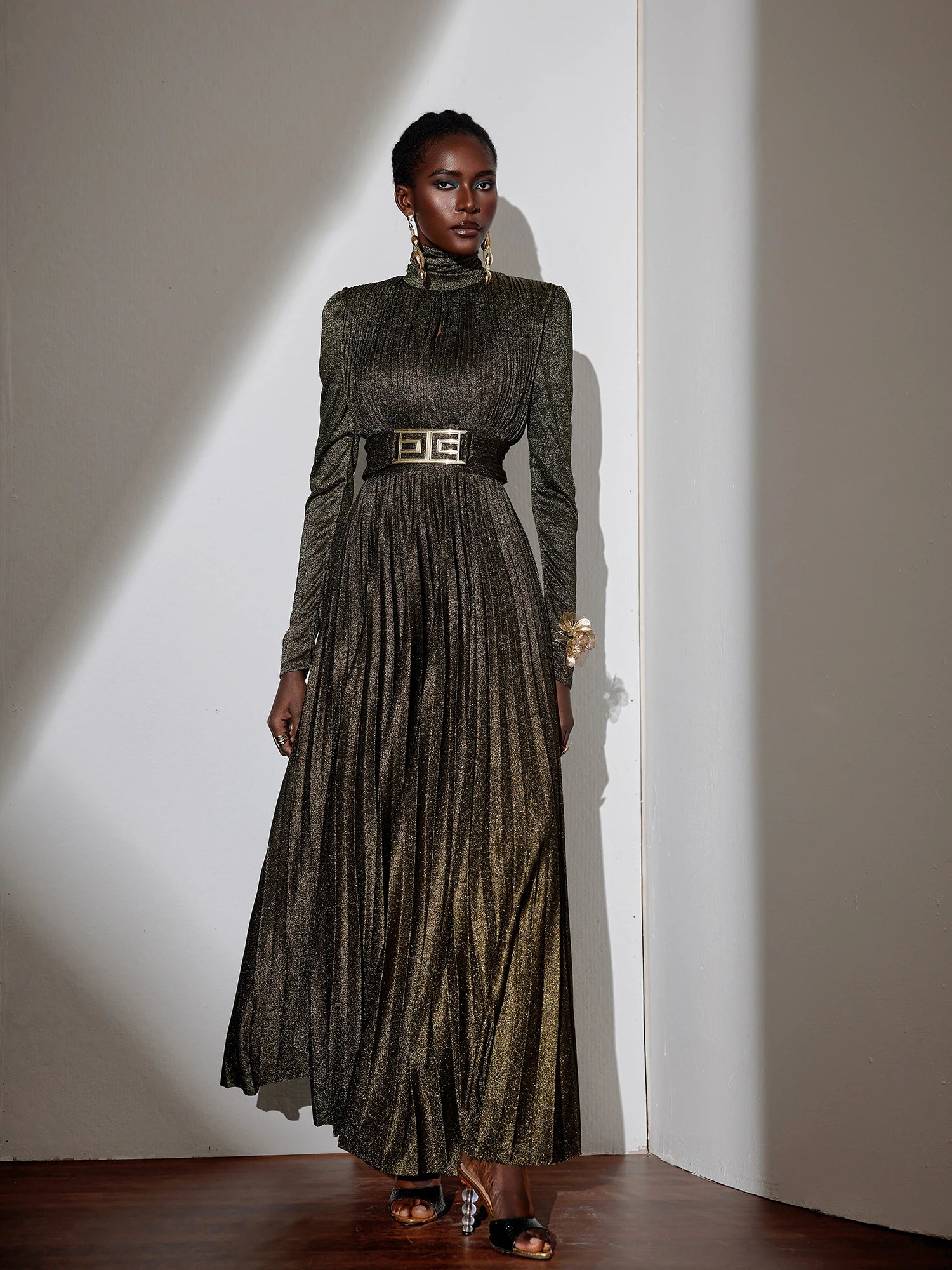 Metallic Pleated High-Neck Maxi Dress|NOOSGOP