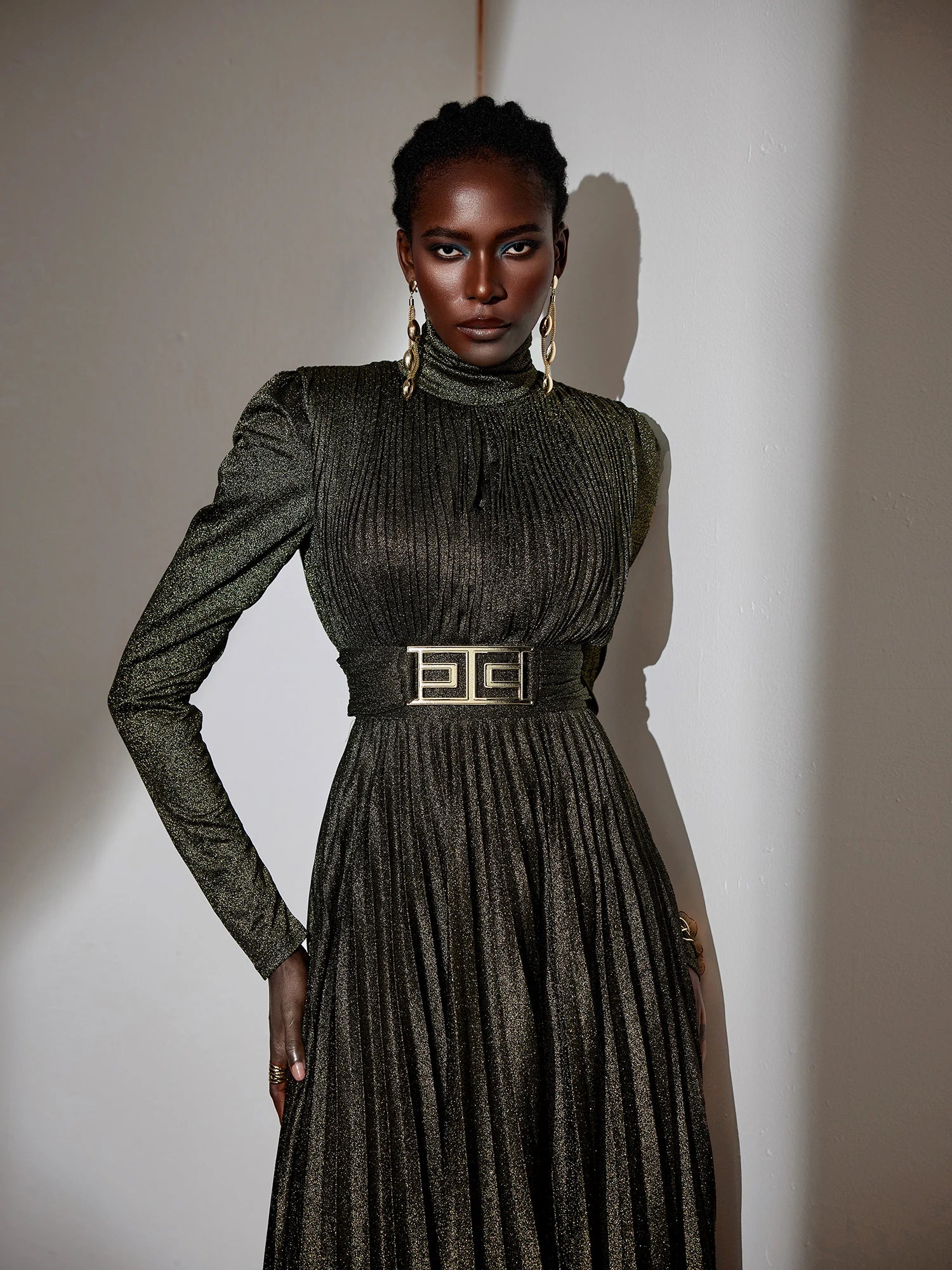 Metallic Pleated High-Neck Maxi Dress|NOOSGOP