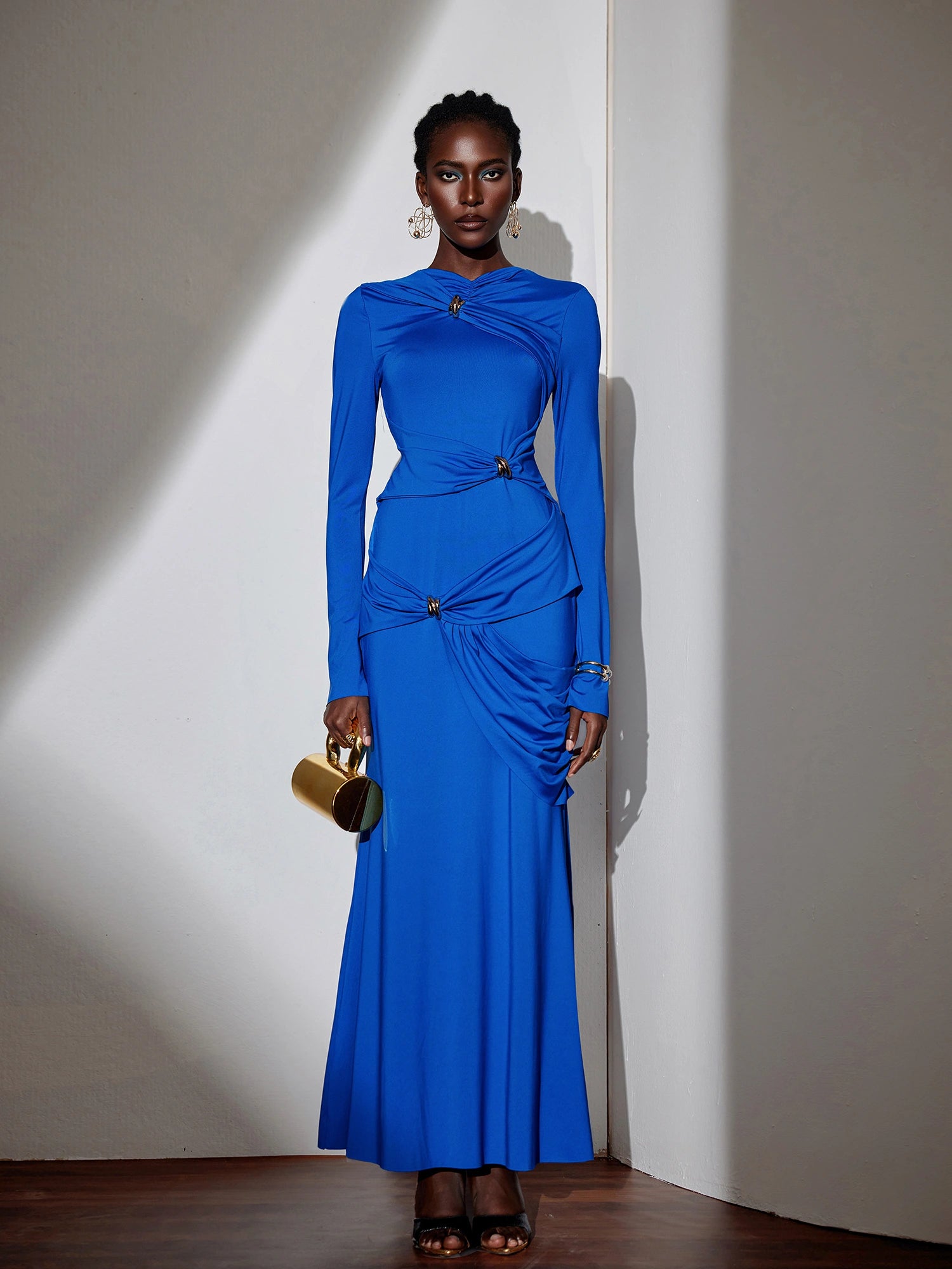 Metallic Ruched Tie Detail Bodycon Maxi Dress|NOOSGOP