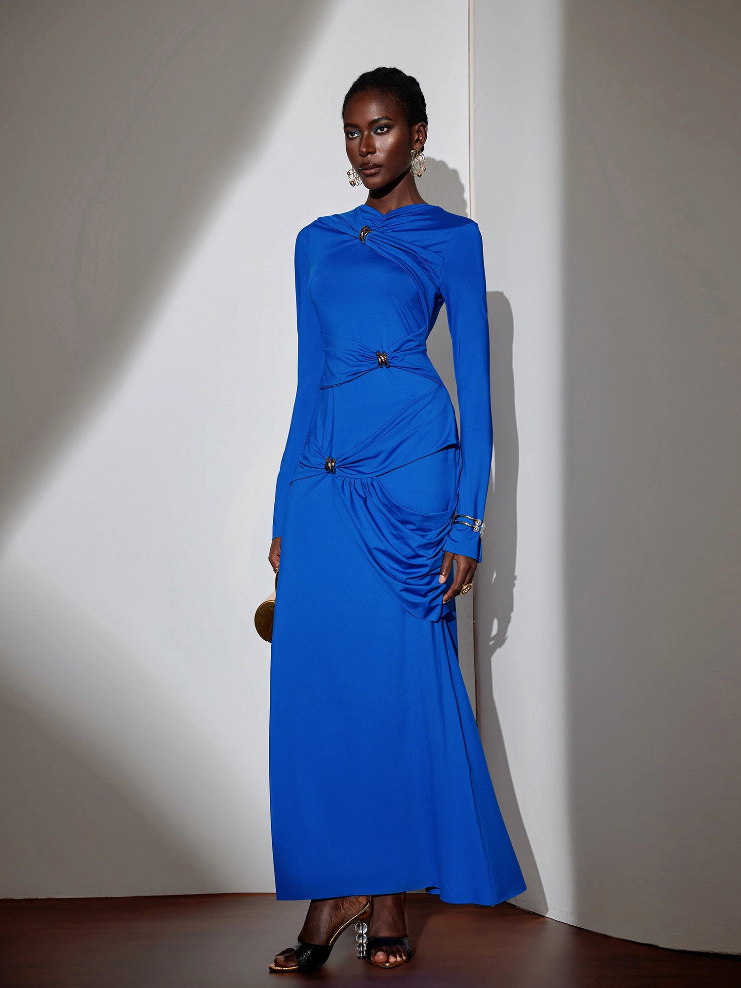 Metallic Ruched Tie Detail Bodycon Maxi Dress|NOOSGOP