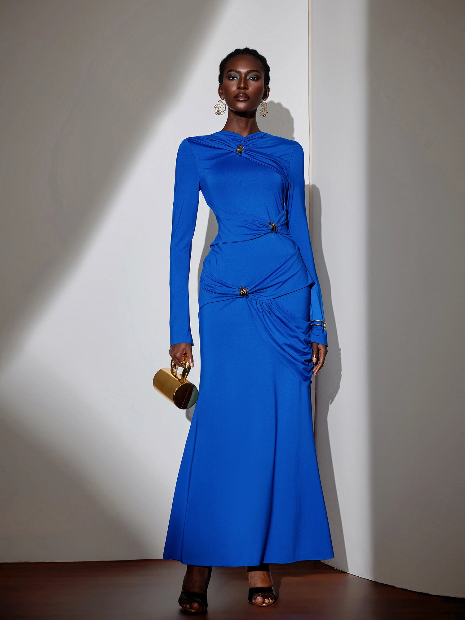 Metallic Ruched Tie Detail Bodycon Maxi Dress|NOOSGOP