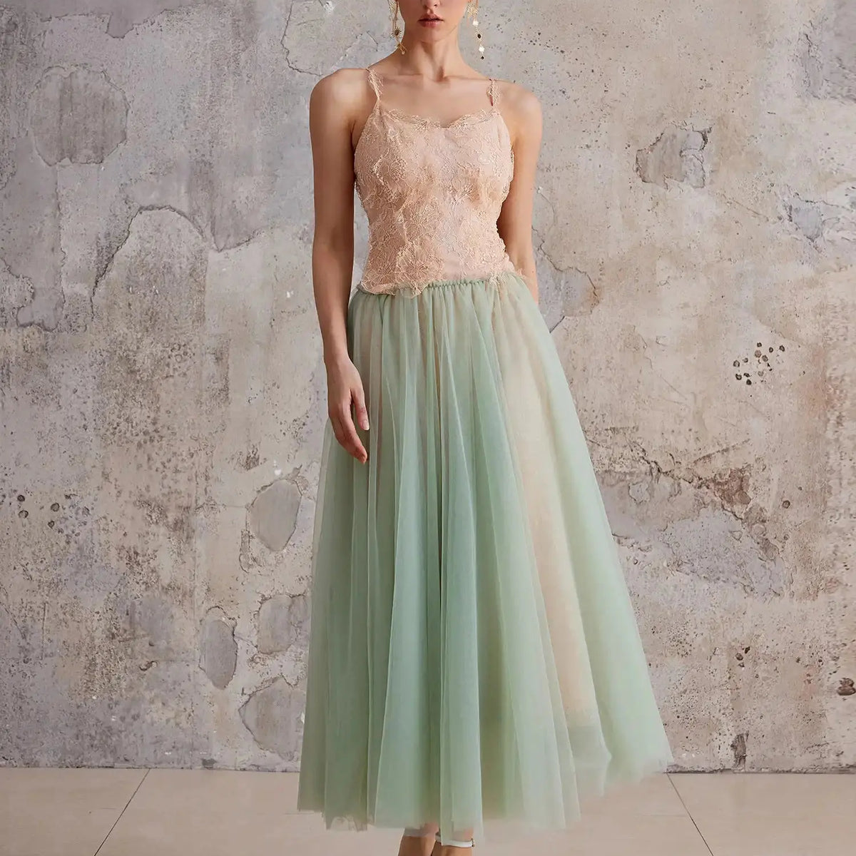 Mint-Gradient Lace Sheer Midi Dress Sage Fog / XL