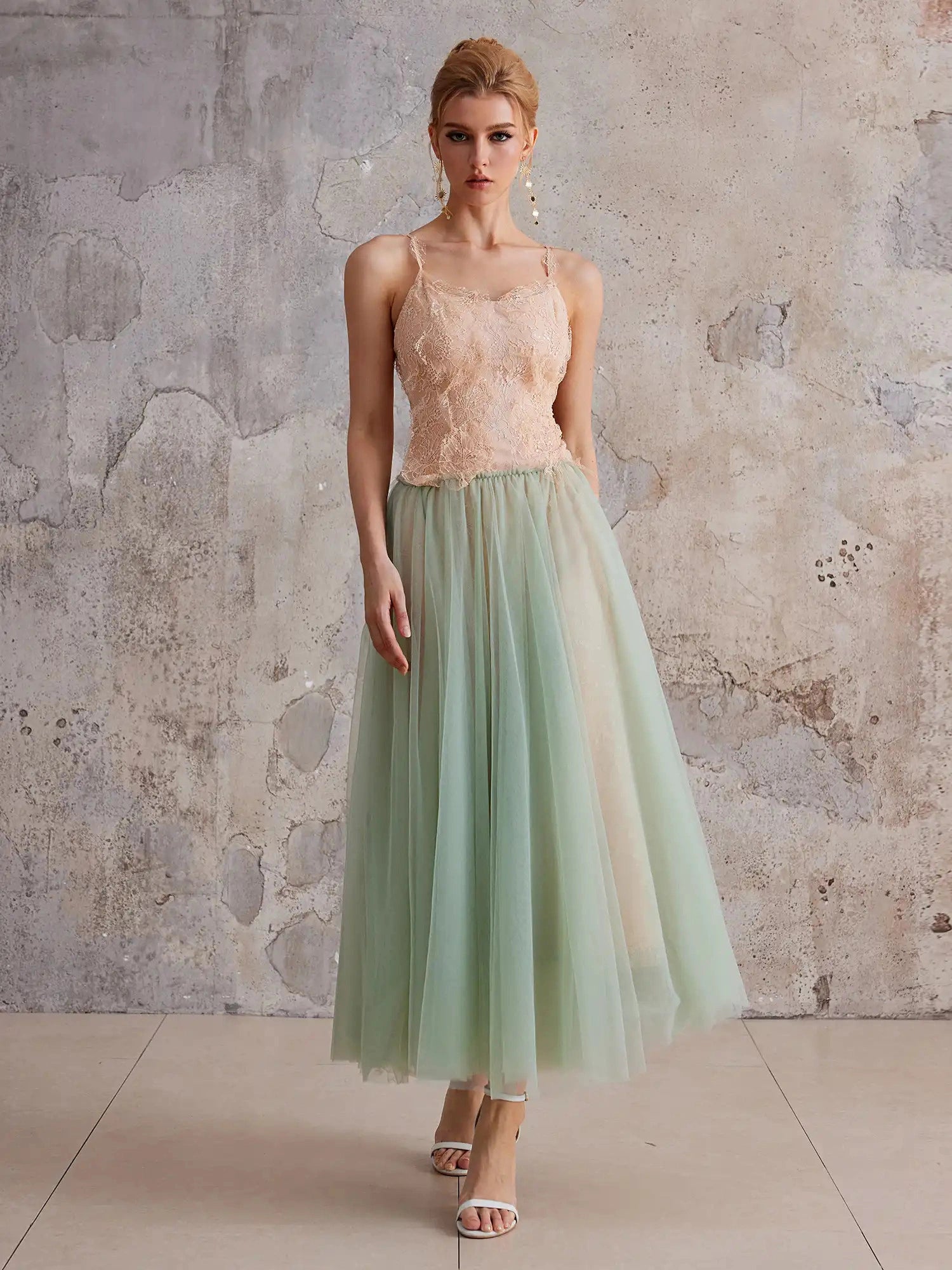 Mint-Gradient Lace & Sheer Midi Dress|NOOSGOP