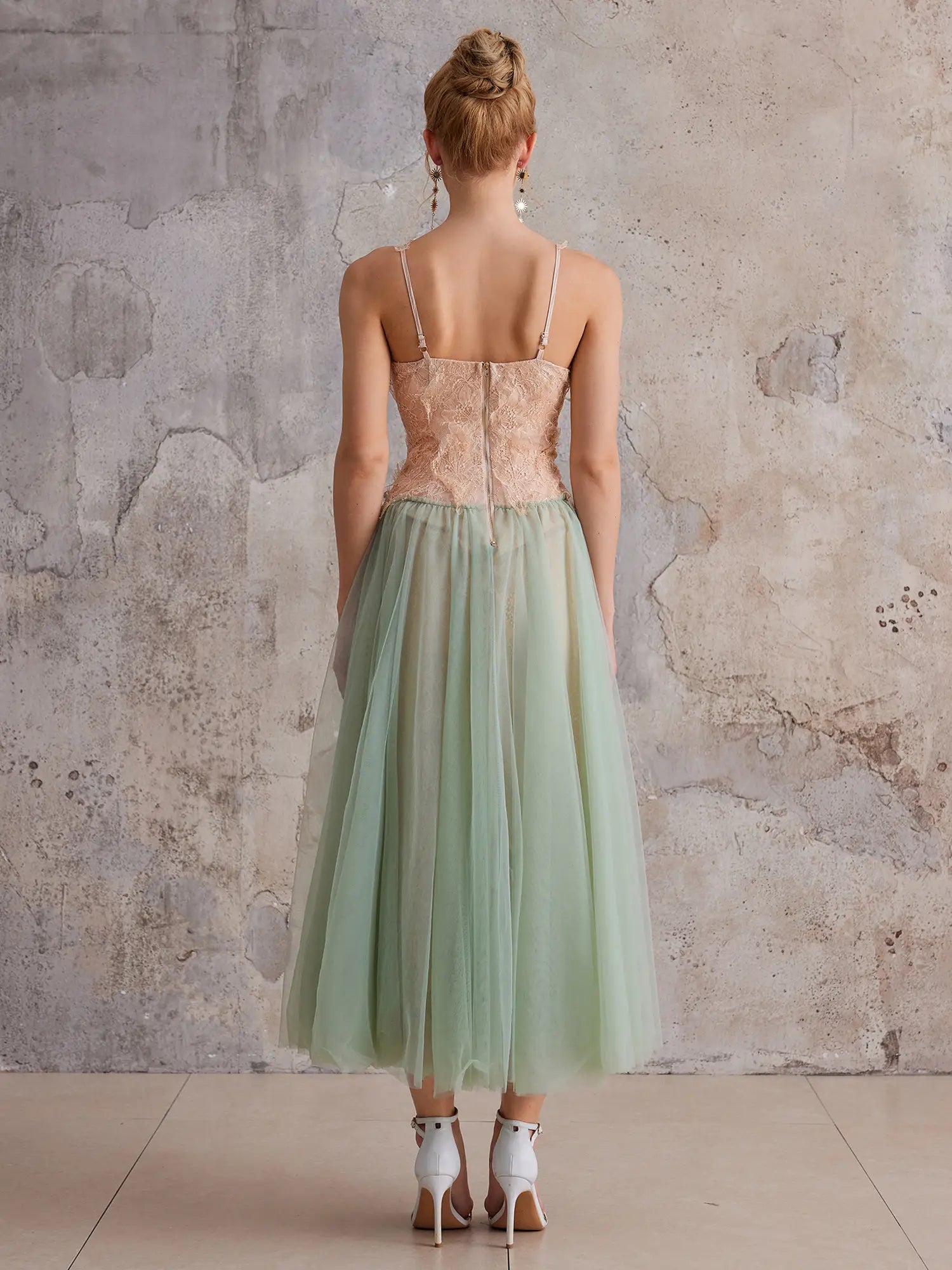 Mint-Gradient Lace & Sheer Midi Dress|NOOSGOP