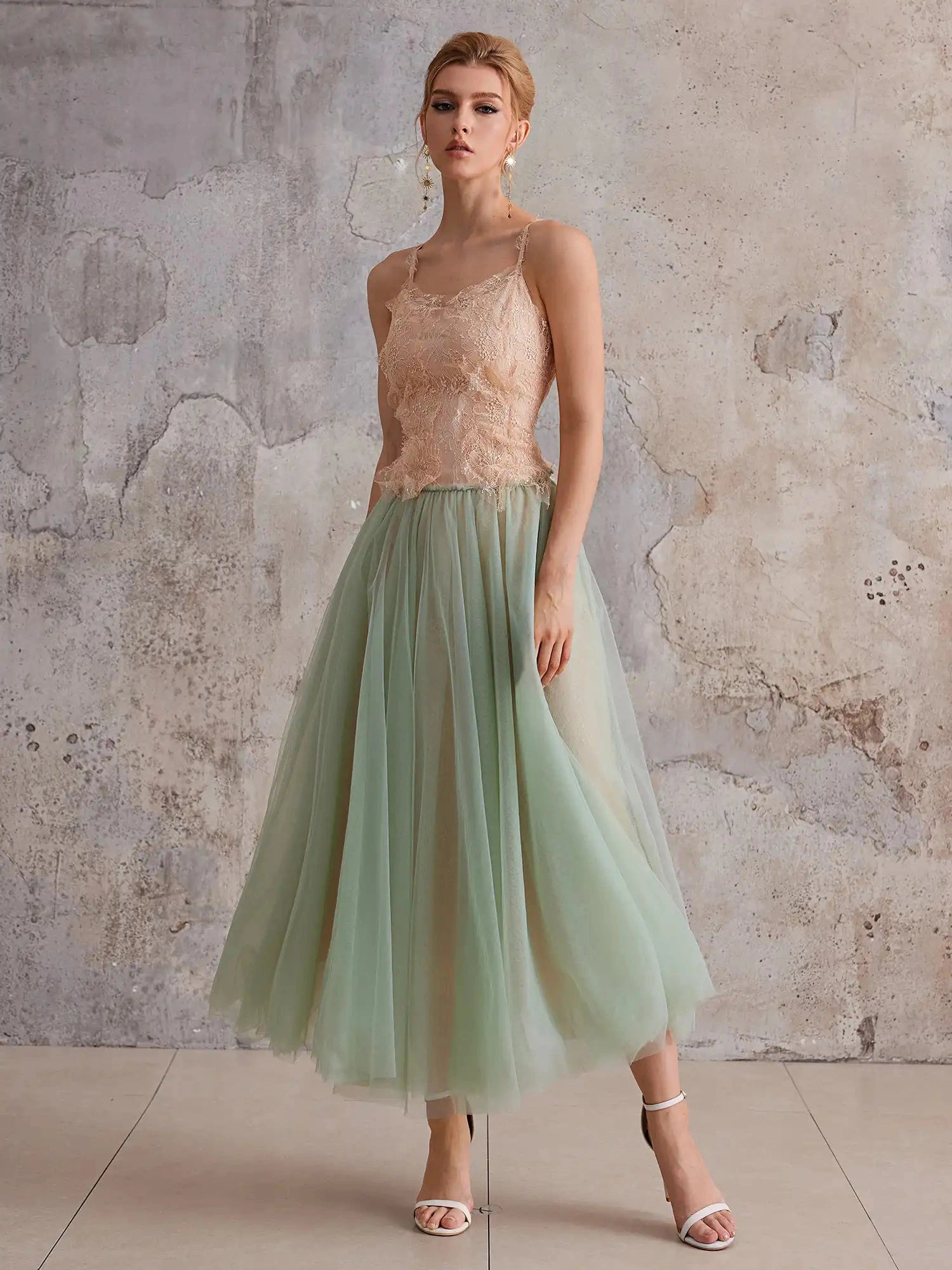 Mint-Gradient Lace & Sheer Midi Dress|NOOSGOP