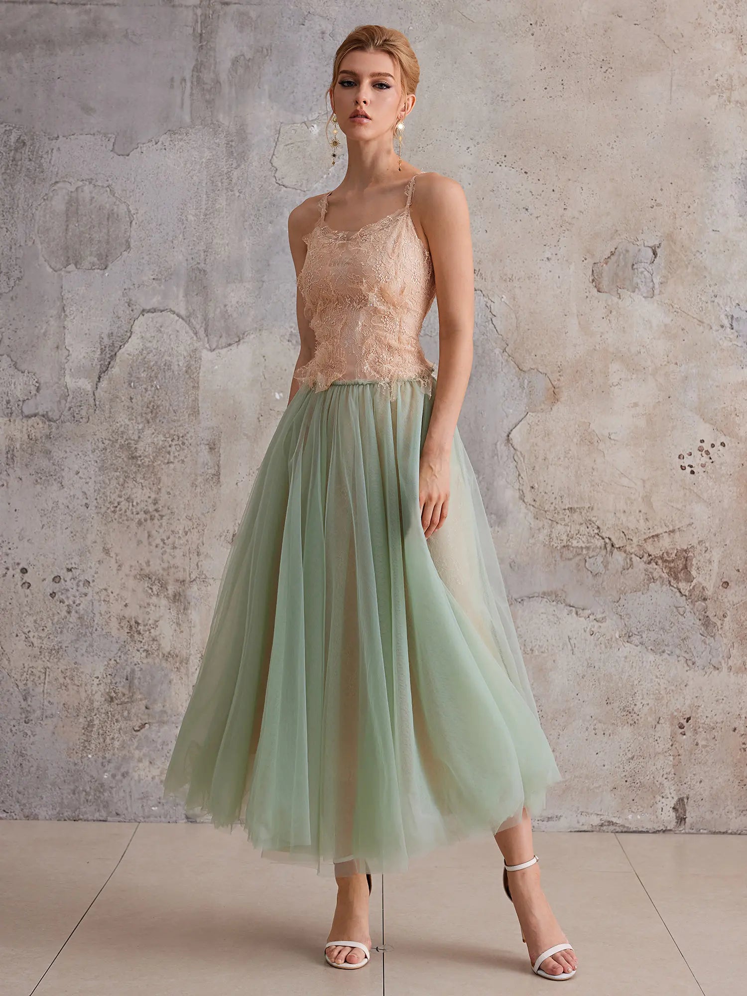 Mint-Gradient Lace & Sheer Midi Dress|NOOSGOP