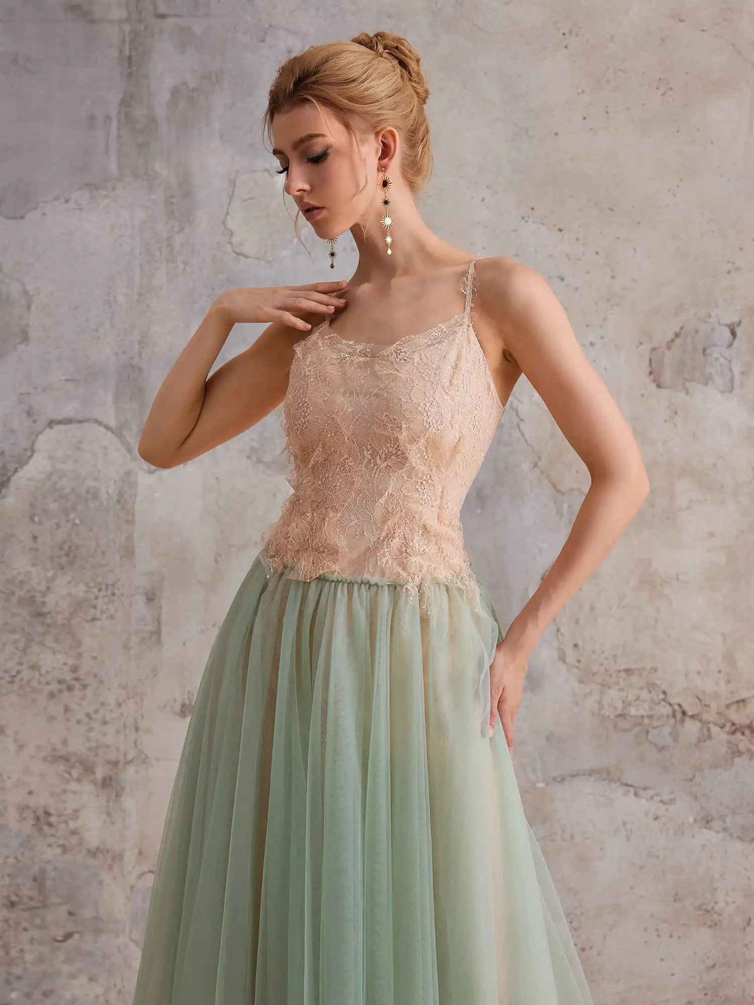 Mint-Gradient Lace & Sheer Midi Dress|NOOSGOP