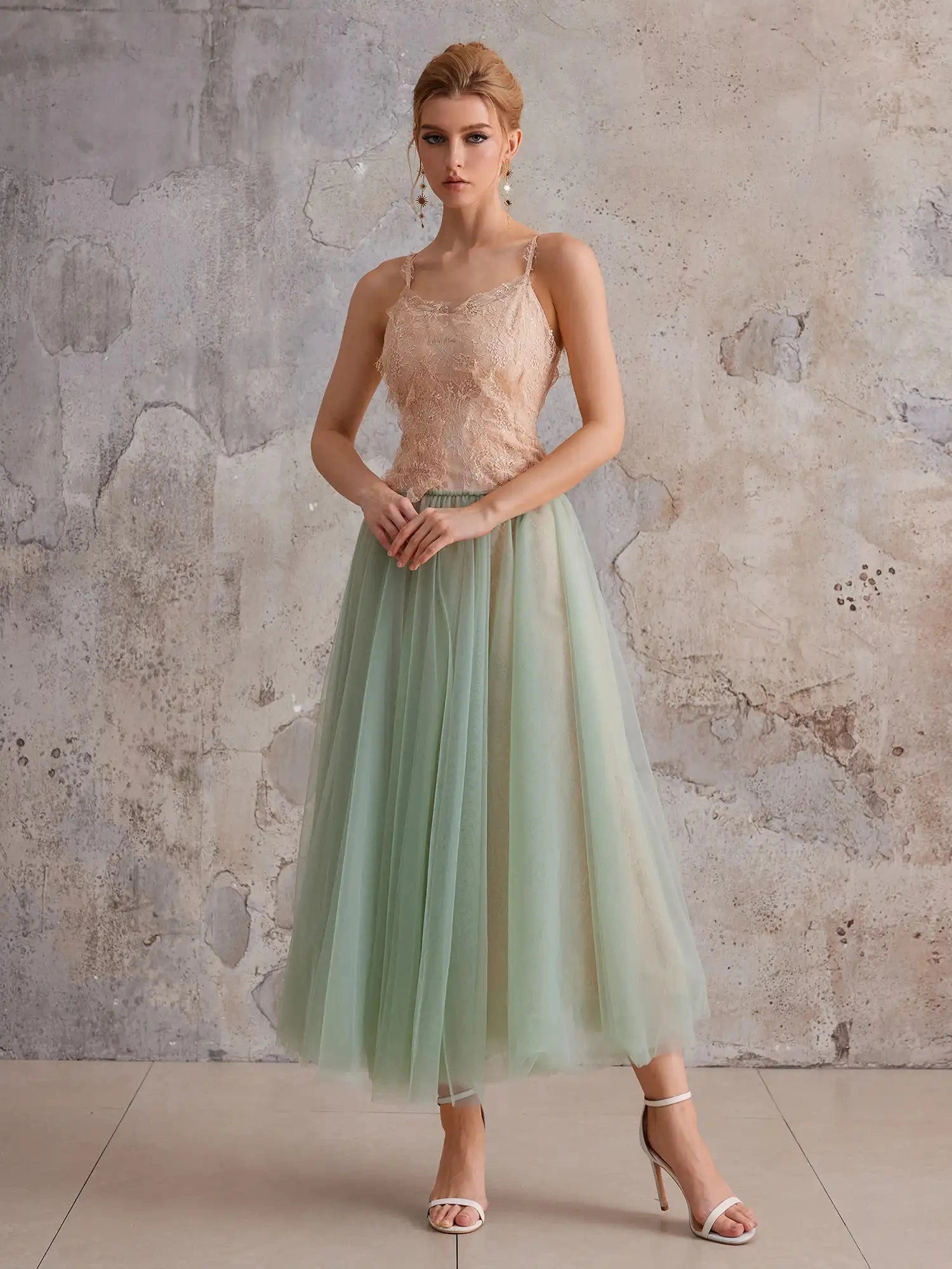 Mint-Gradient Lace & Sheer Midi Dress|NOOSGOP