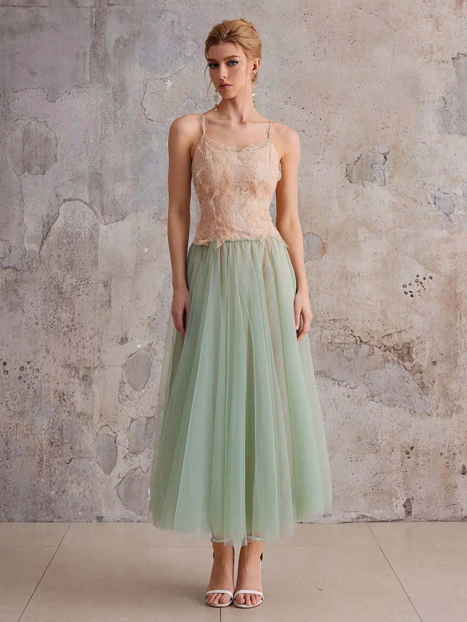 Mint-Gradient Lace & Sheer Midi Dress|NOOSGOP