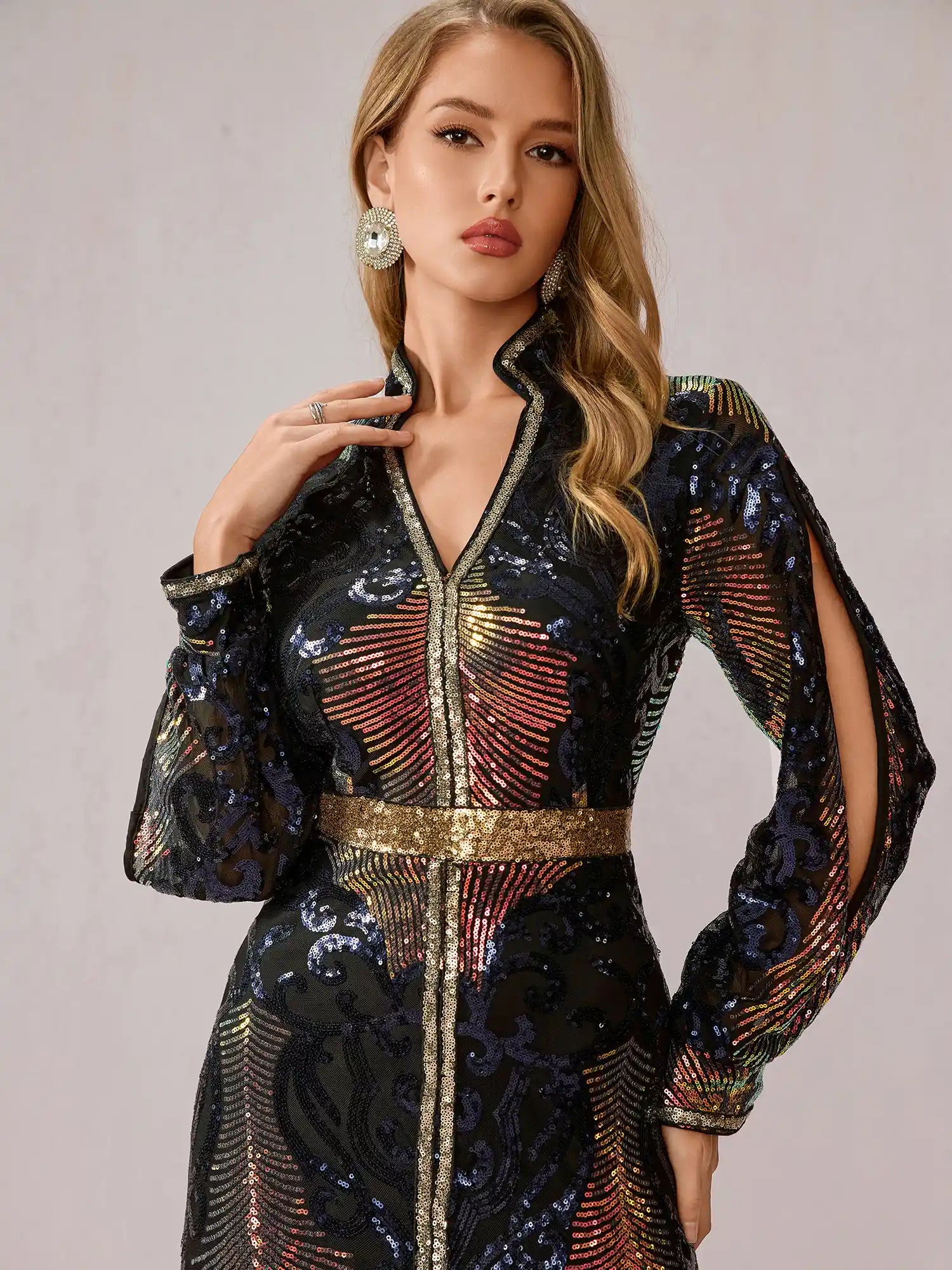 Multicolor Sequin Slit Evening Maxi Dress|NOOSGOP