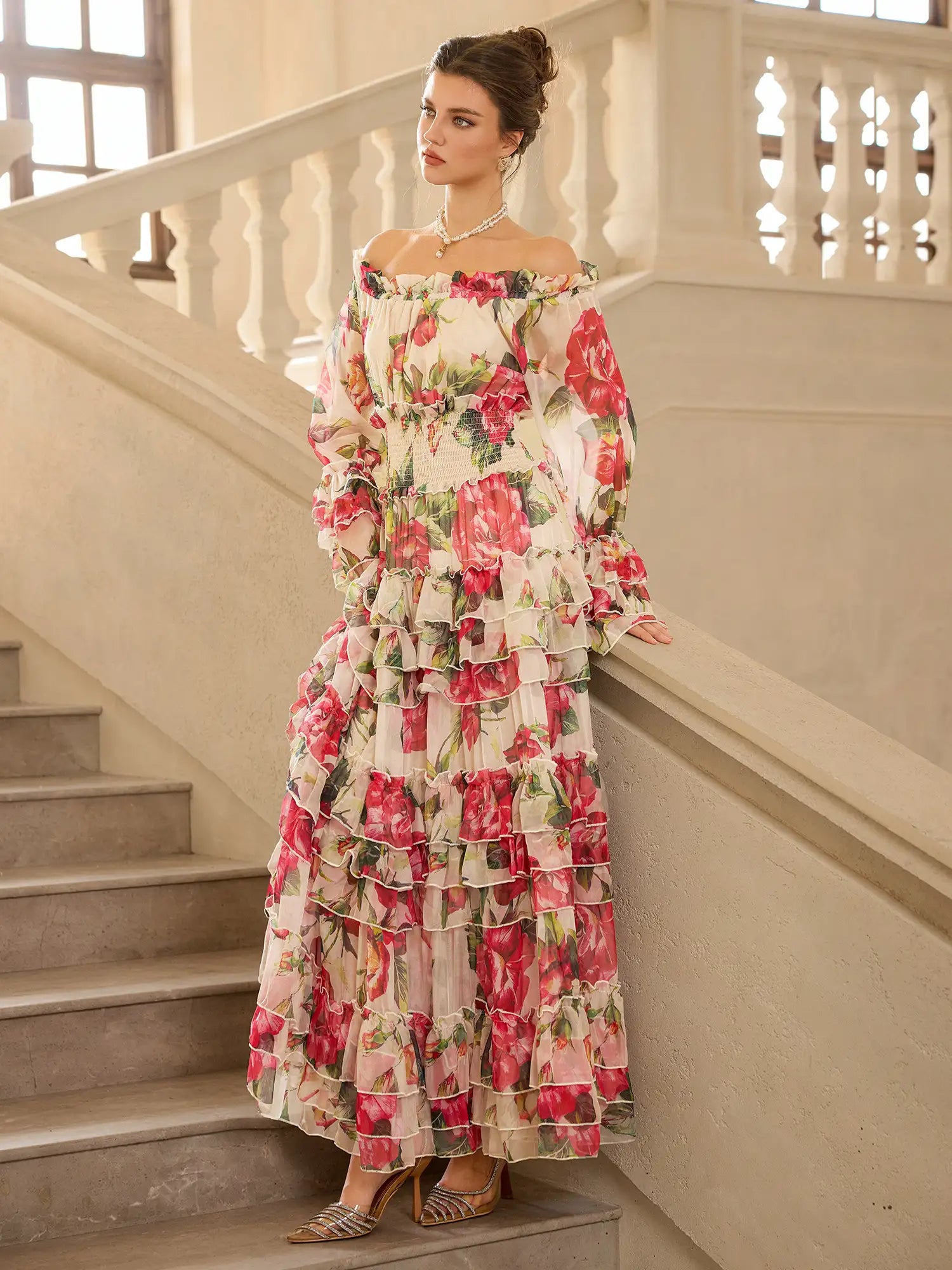 Off Shoulder Rose Print Elegant Midi Dress|NOOSGOP