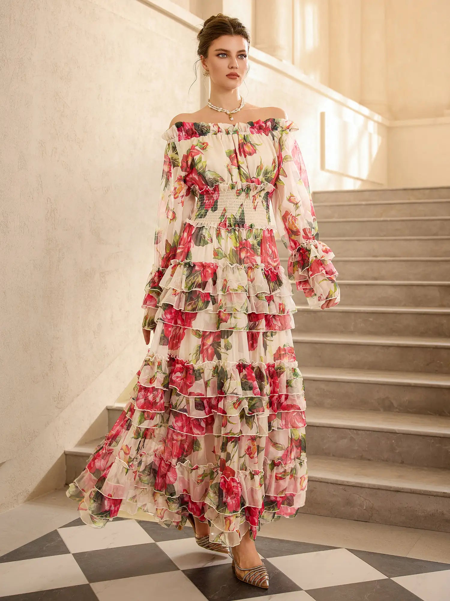 Off Shoulder Rose Print Elegant Midi Dress|NOOSGOP