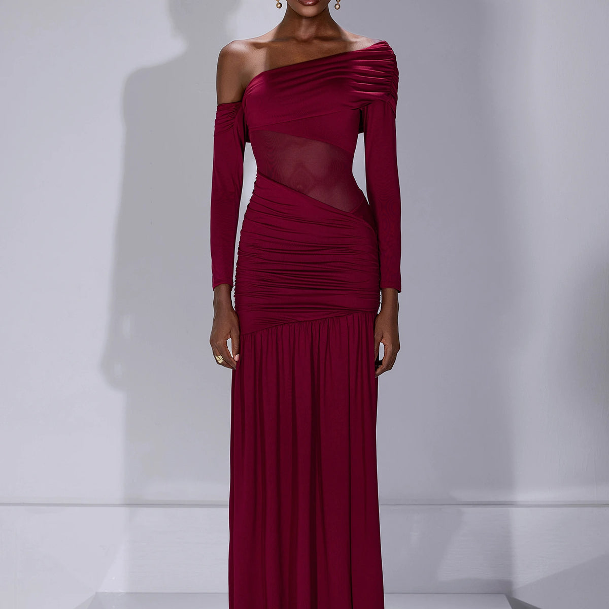 One Shoulder Asymmetric Mesh Maxi Dress Dark Garnet / 2XL