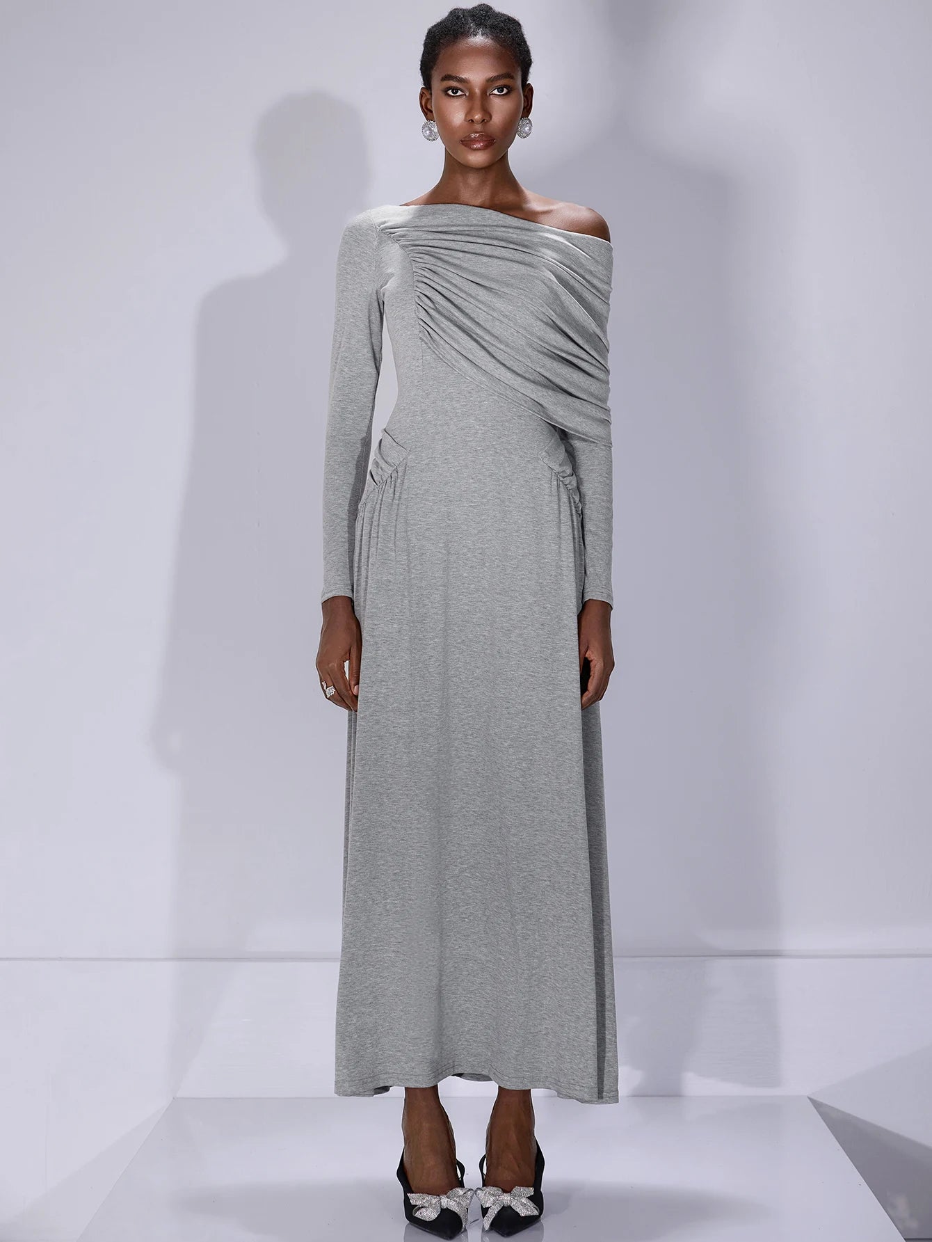 One Shoulder Asymmetric Ruched Maxi Dress|NOOSGOP