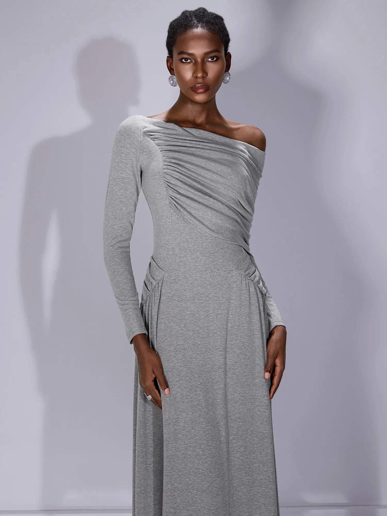 One Shoulder Asymmetric Ruched Maxi Dress|NOOSGOP