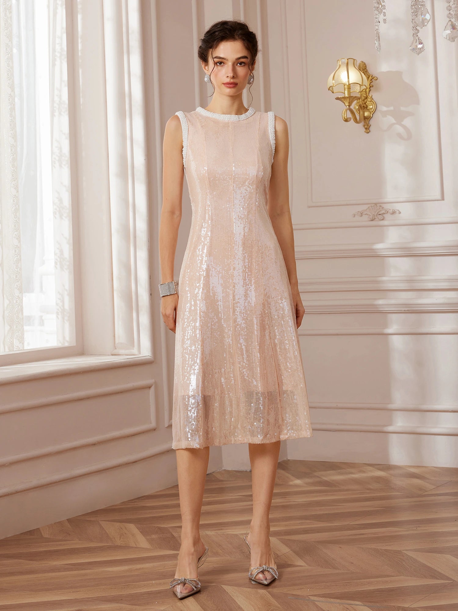 Pearl-Trimmed Round-Neck Corset-Waist Midi Dress|NOOSGOP