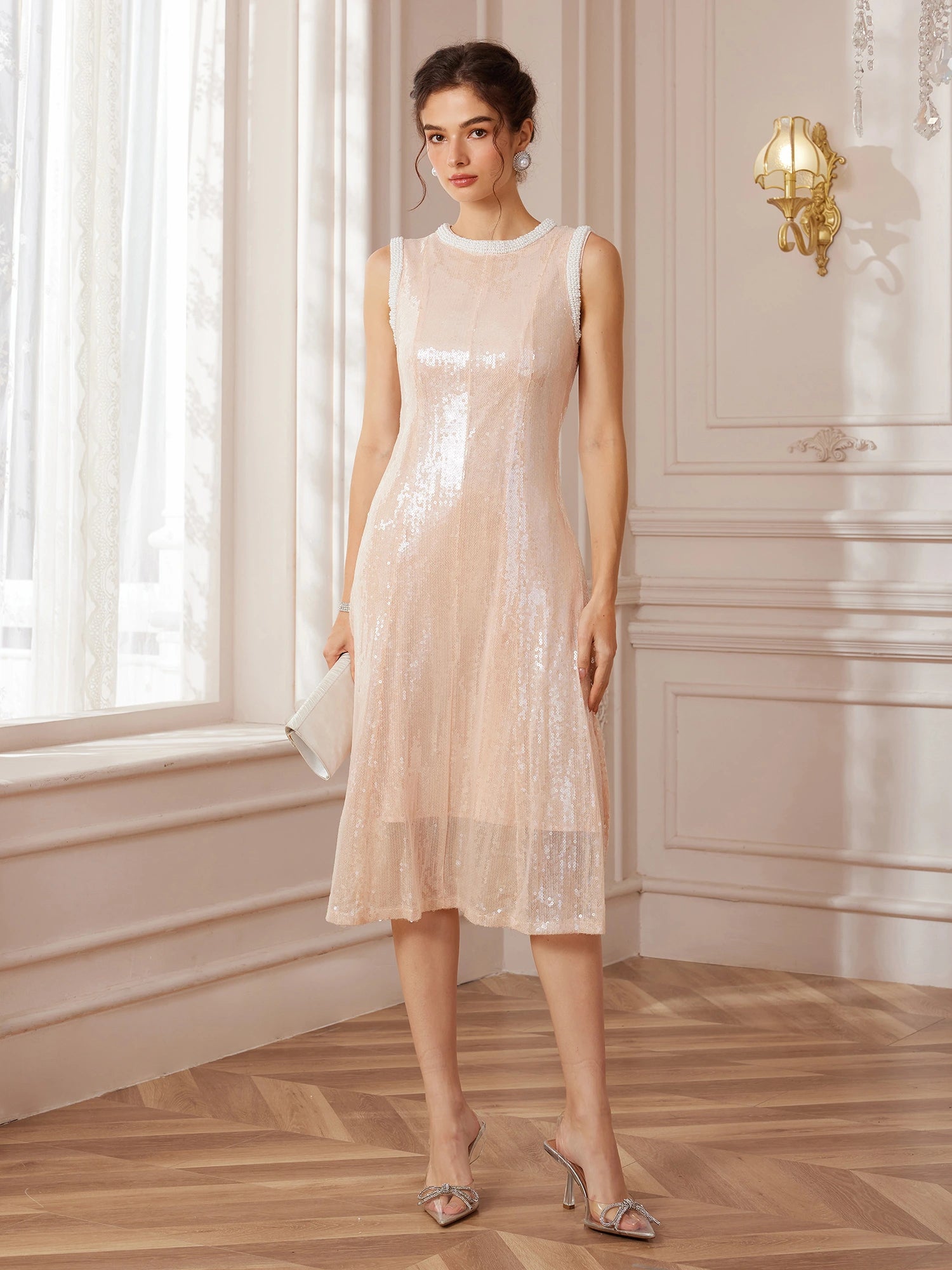 Pearl-Trimmed Round-Neck Corset-Waist Midi Dress|NOOSGOP