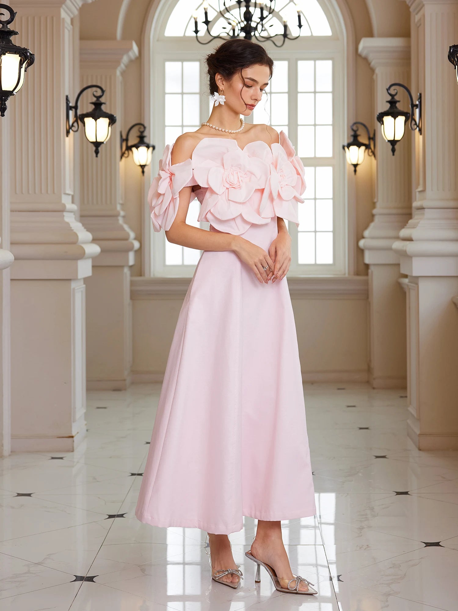 Pink Bloom Off-Shoulder Maxi Dress|NOOSGOP