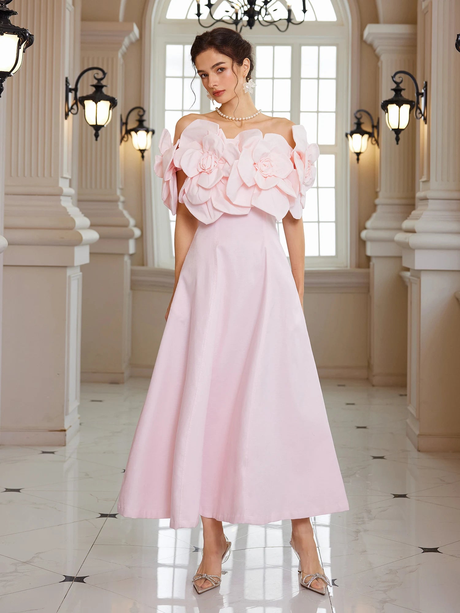 Pink Bloom Off-Shoulder Maxi Dress|NOOSGOP