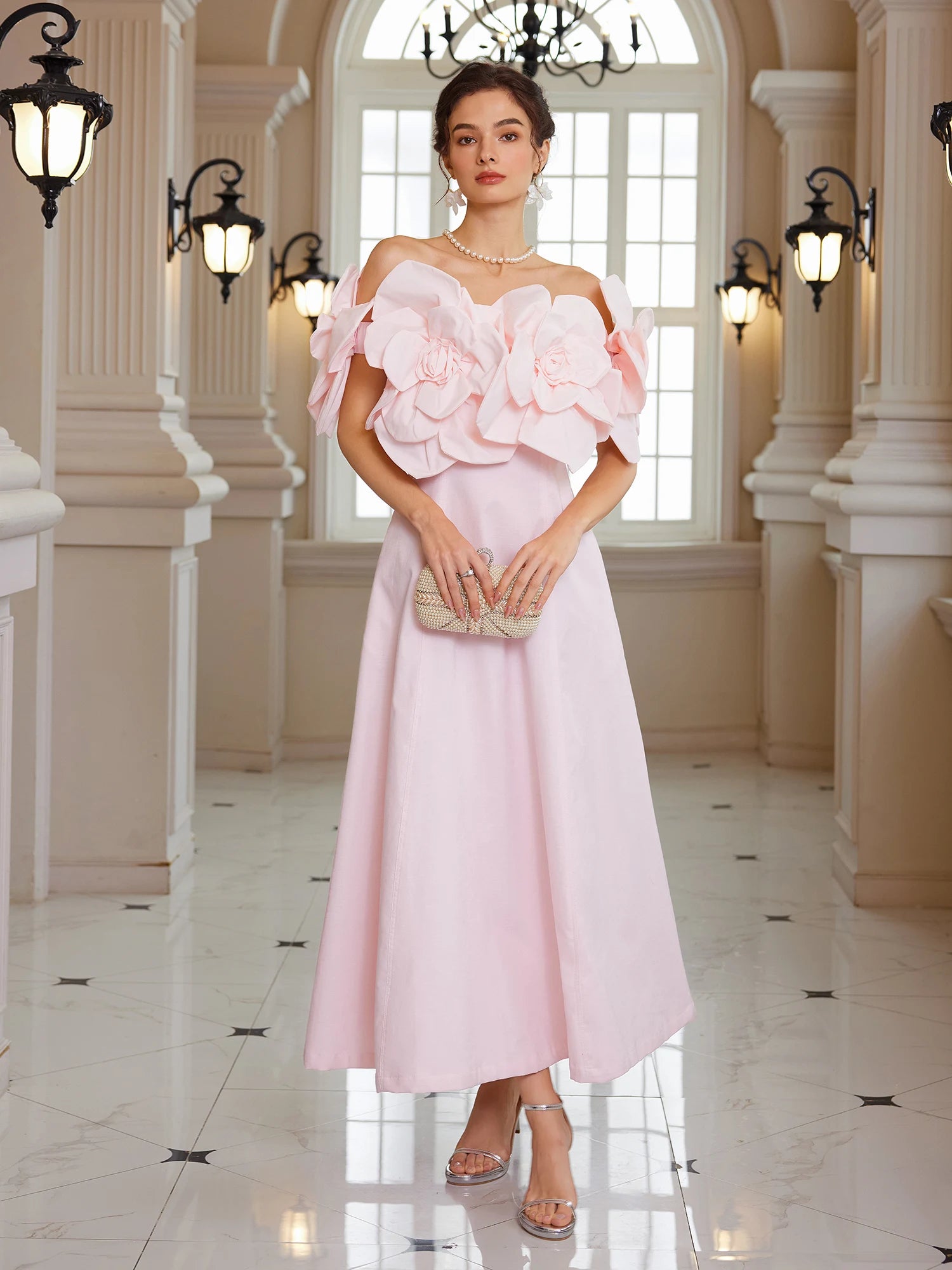 Pink Bloom Off-Shoulder Maxi Dress|NOOSGOP