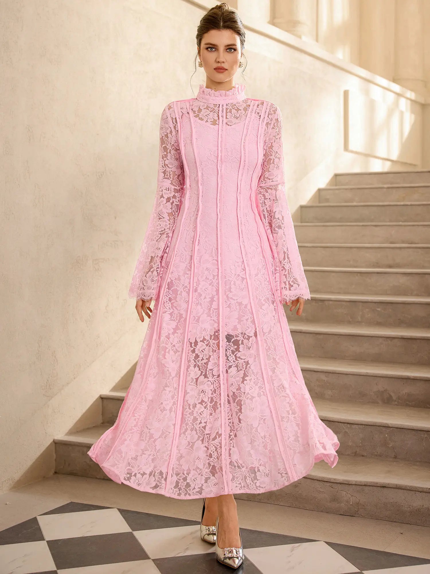 Pink Lace High Neck Flared Sleeve Midi Dress|NOOSGOP