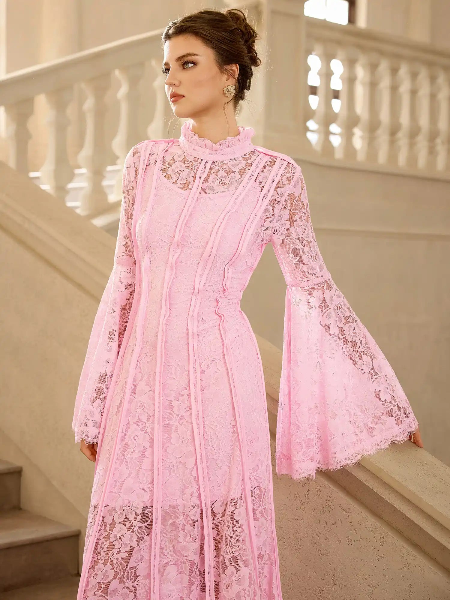 Pink Lace High Neck Flared Sleeve Midi Dress|NOOSGOP