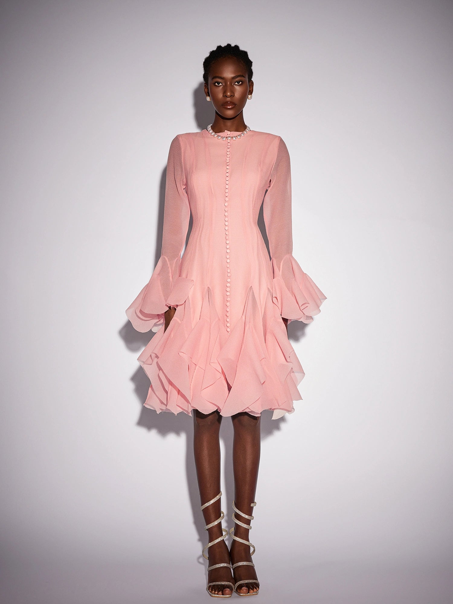 Pink Ruffled Tulle Midi Dress|NOOSGOP